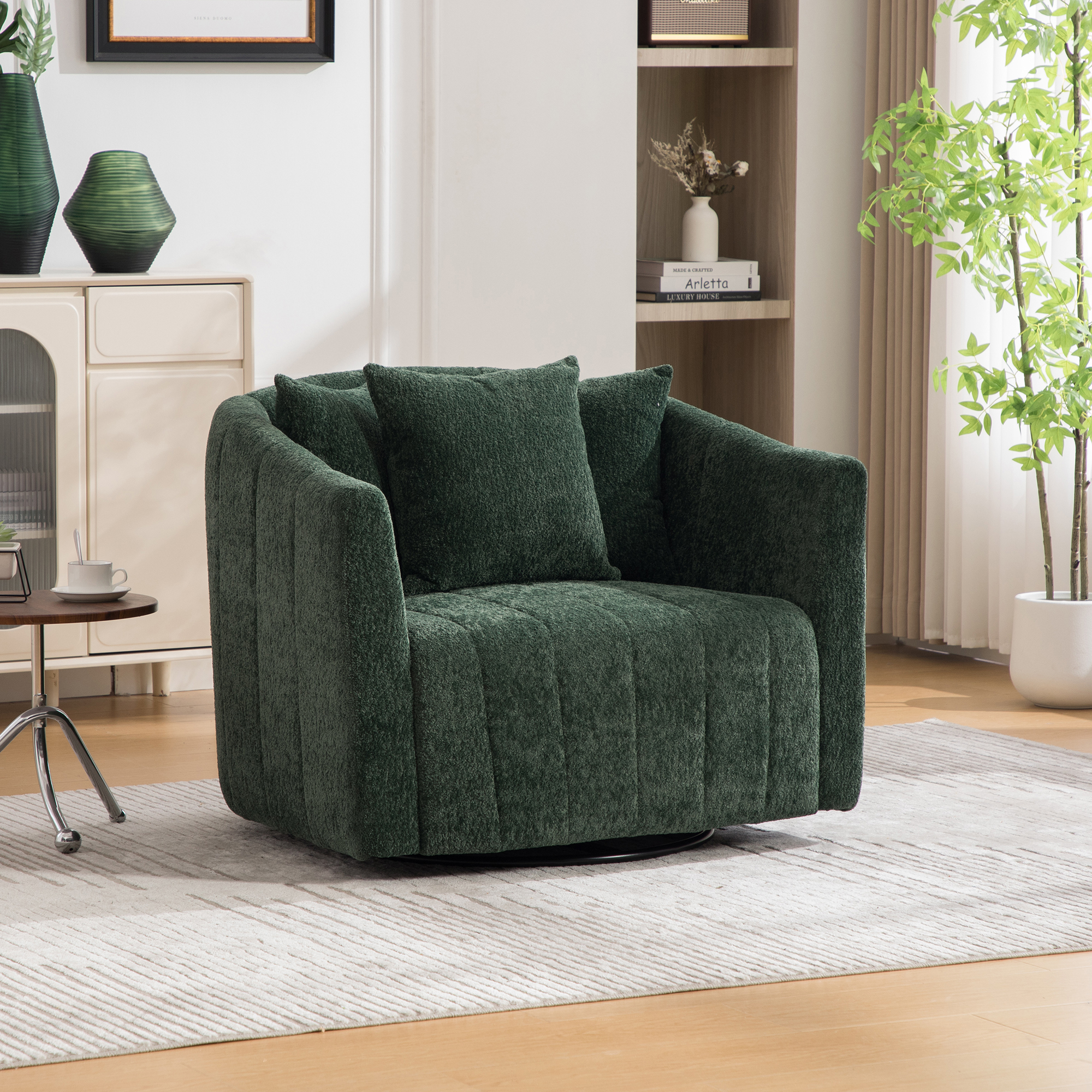 Fauteuil tonneau pivotant 360° 39po, vert sapin, 3 coussins