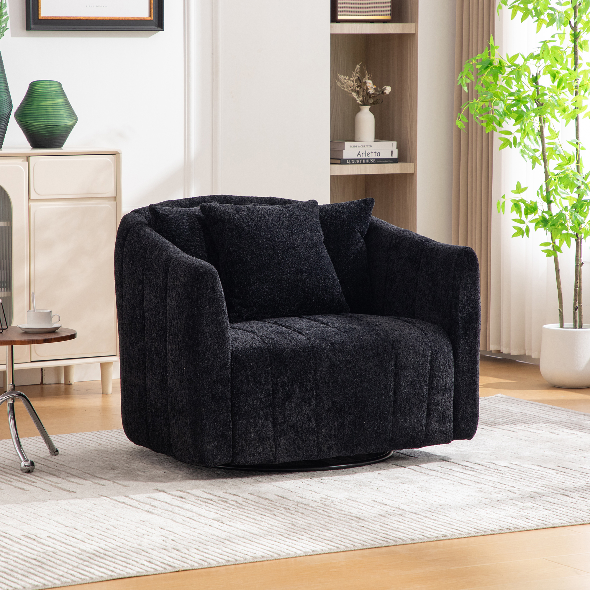 Fauteuil tonneau pivotant 360° 39po, noir, 3 coussins
