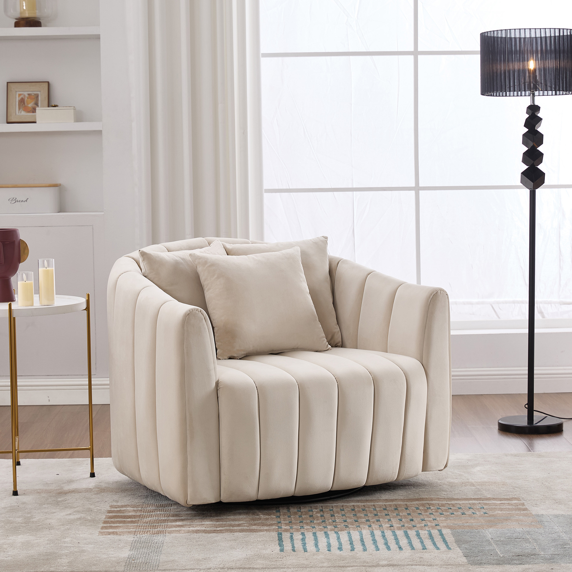 Fauteuil pivotant 39po velours beige gonflable ottoman