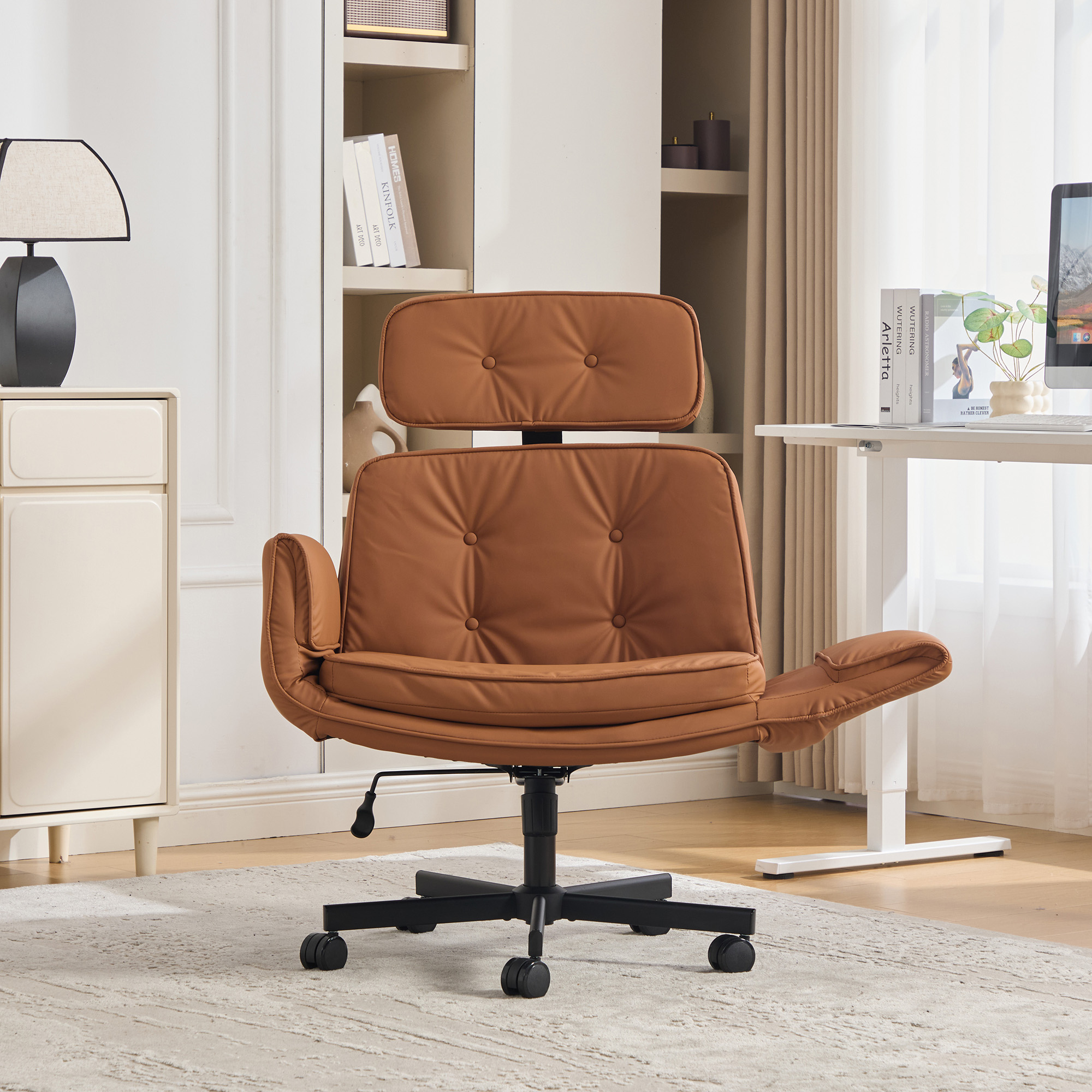 Chaise croisée ajustable, roulettes, dossier, brun