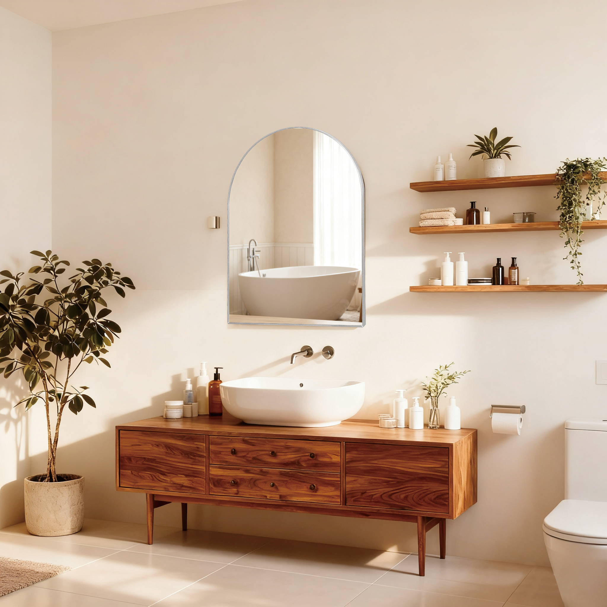 Miroir salle bain argent arche 30x36po, cadre métal mur