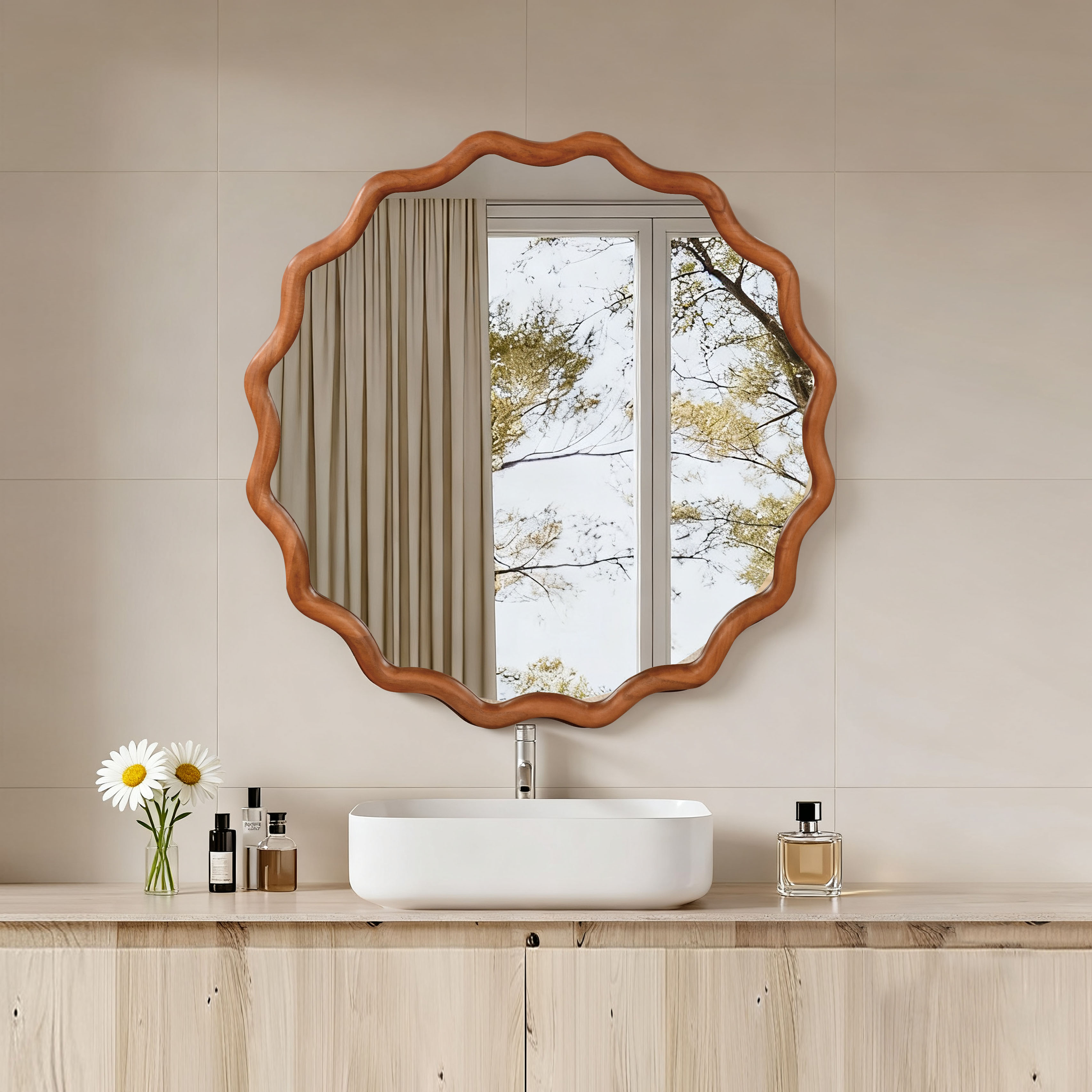 Miroir décoratif bois ondulé rond 30" marron chambre salle