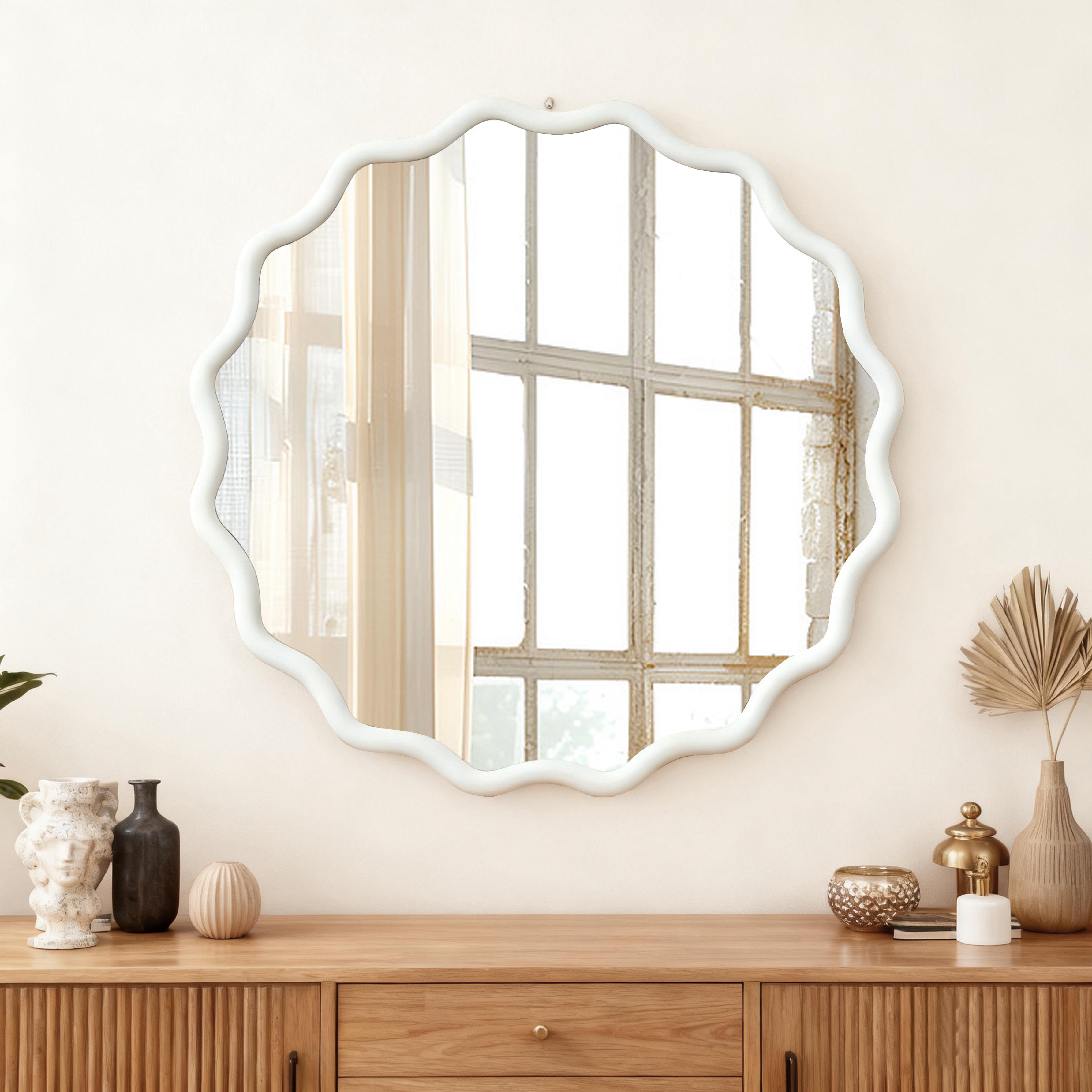 Miroir rond décoratif ondulé 30 po, bois blanc
