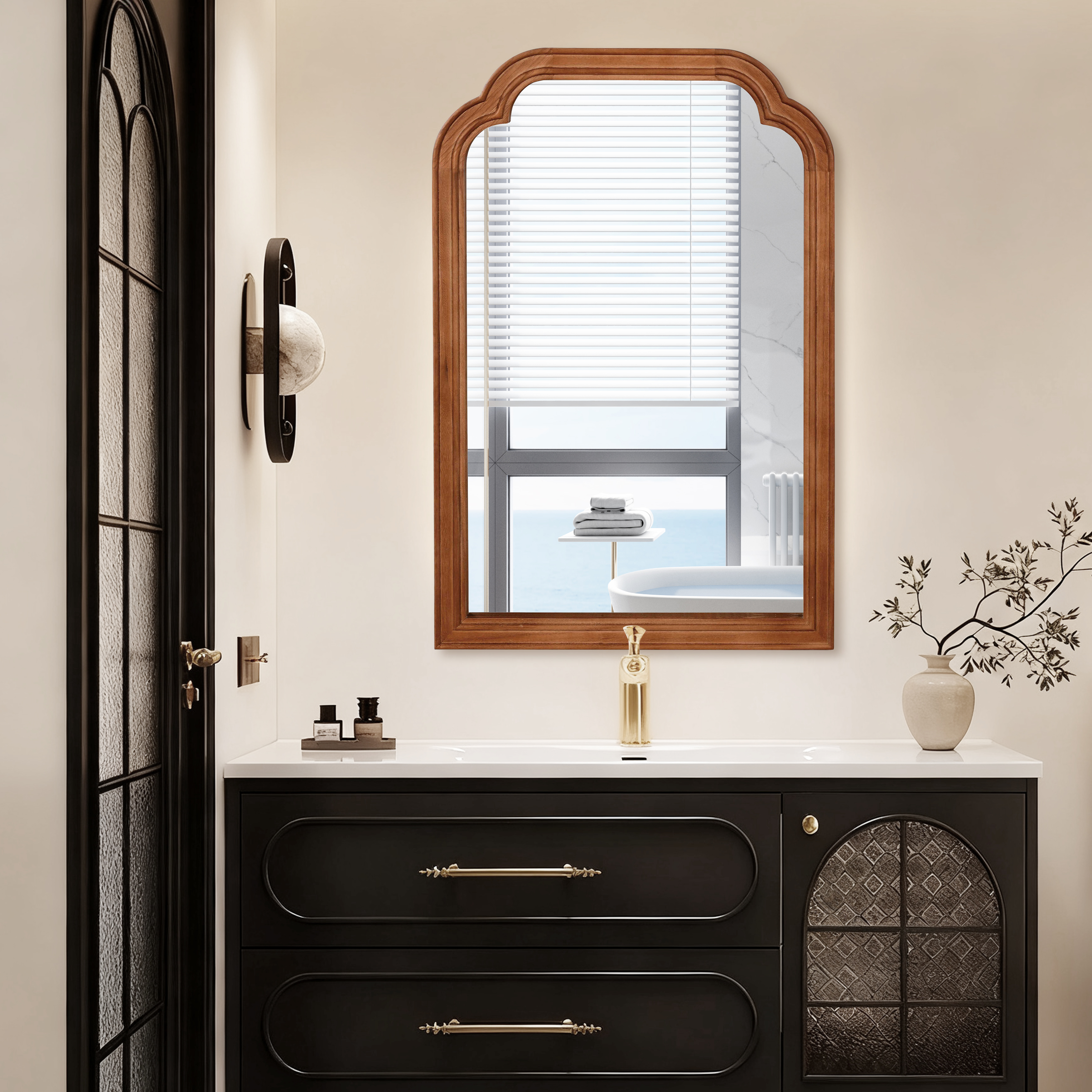 Miroir bois arrondi 24" x 36" brun jaunâtre chambre salle bain