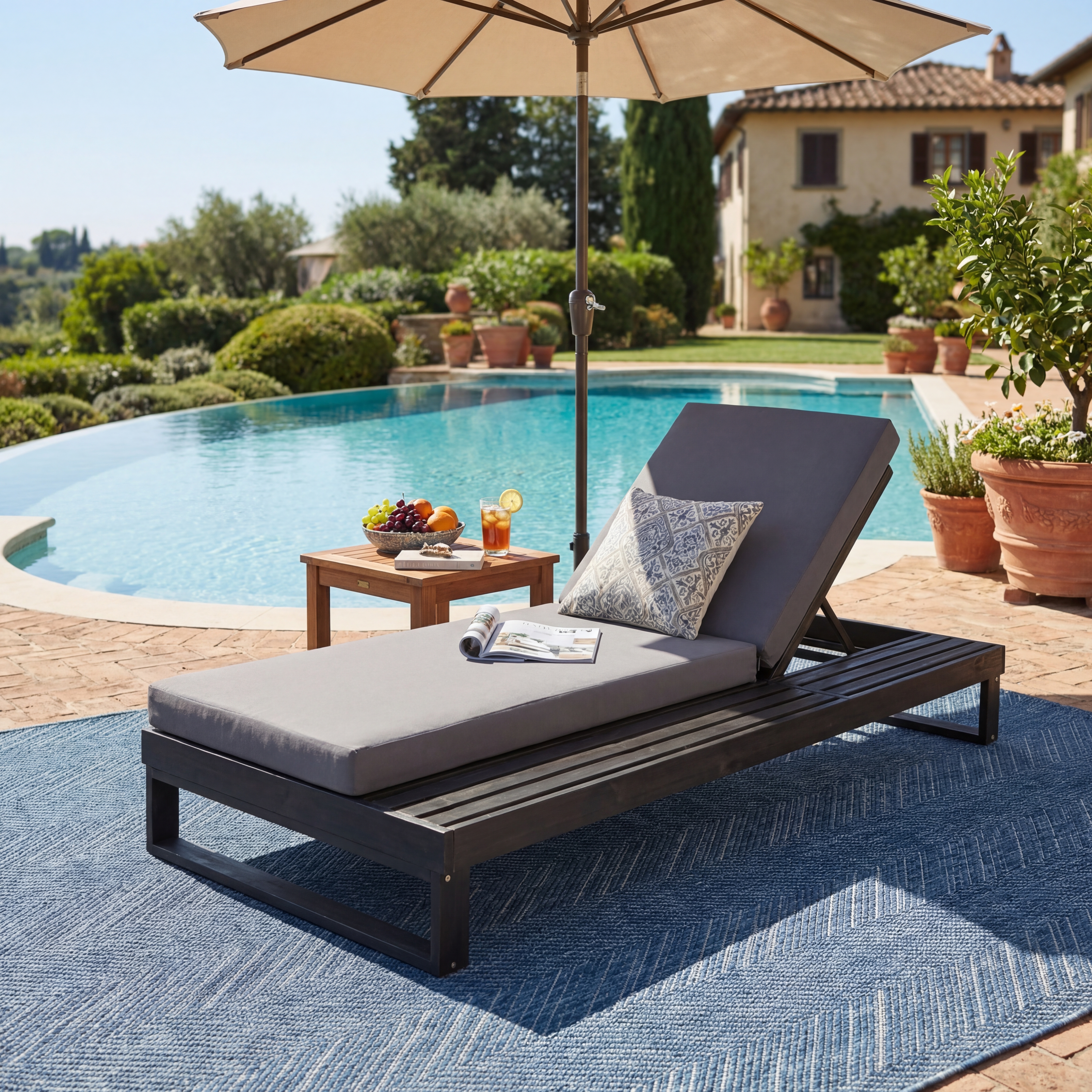 Chaise longue acacia noir coussin gris 4po, patio 4 positions