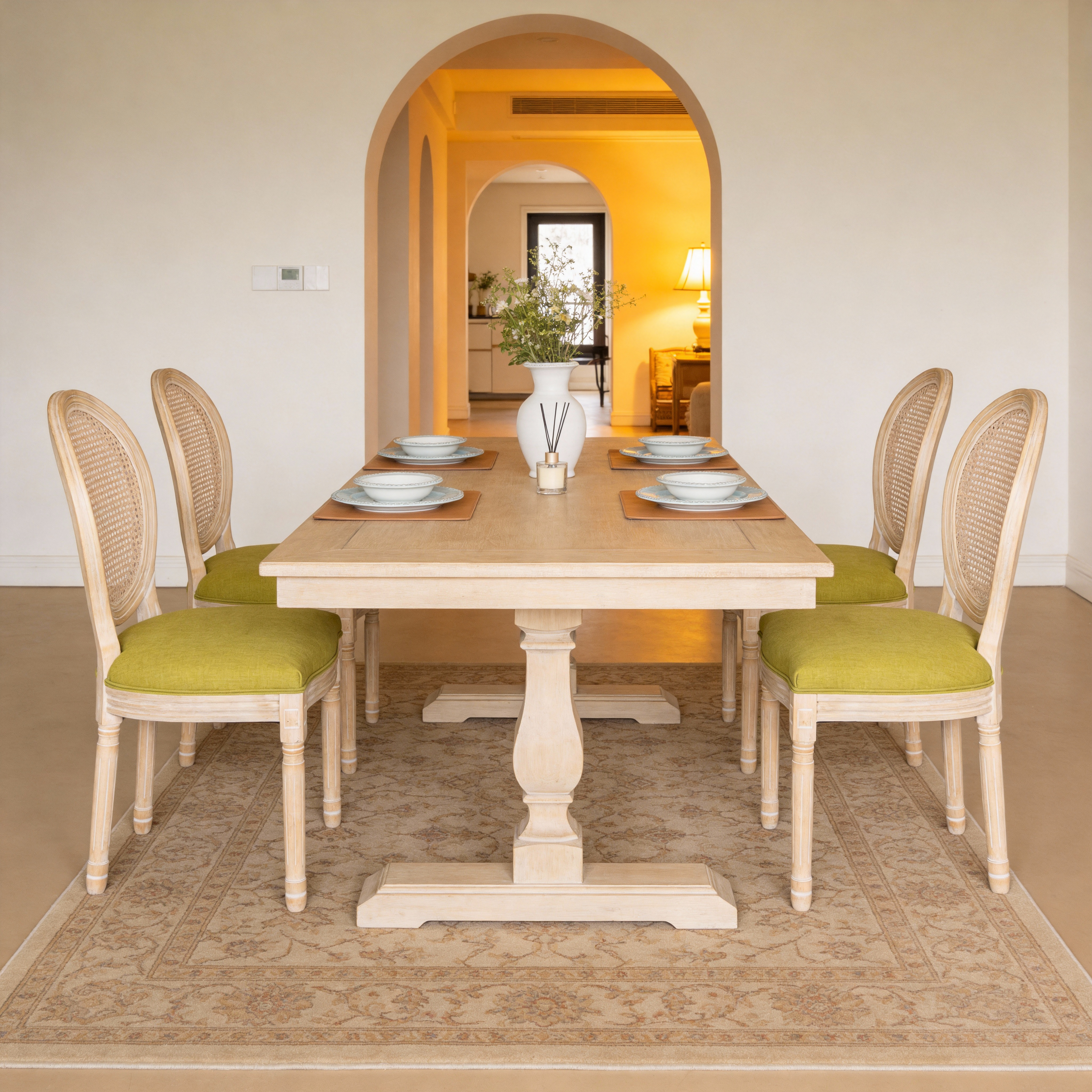 Ensemble 2 chaises rotin rond, vert, style français