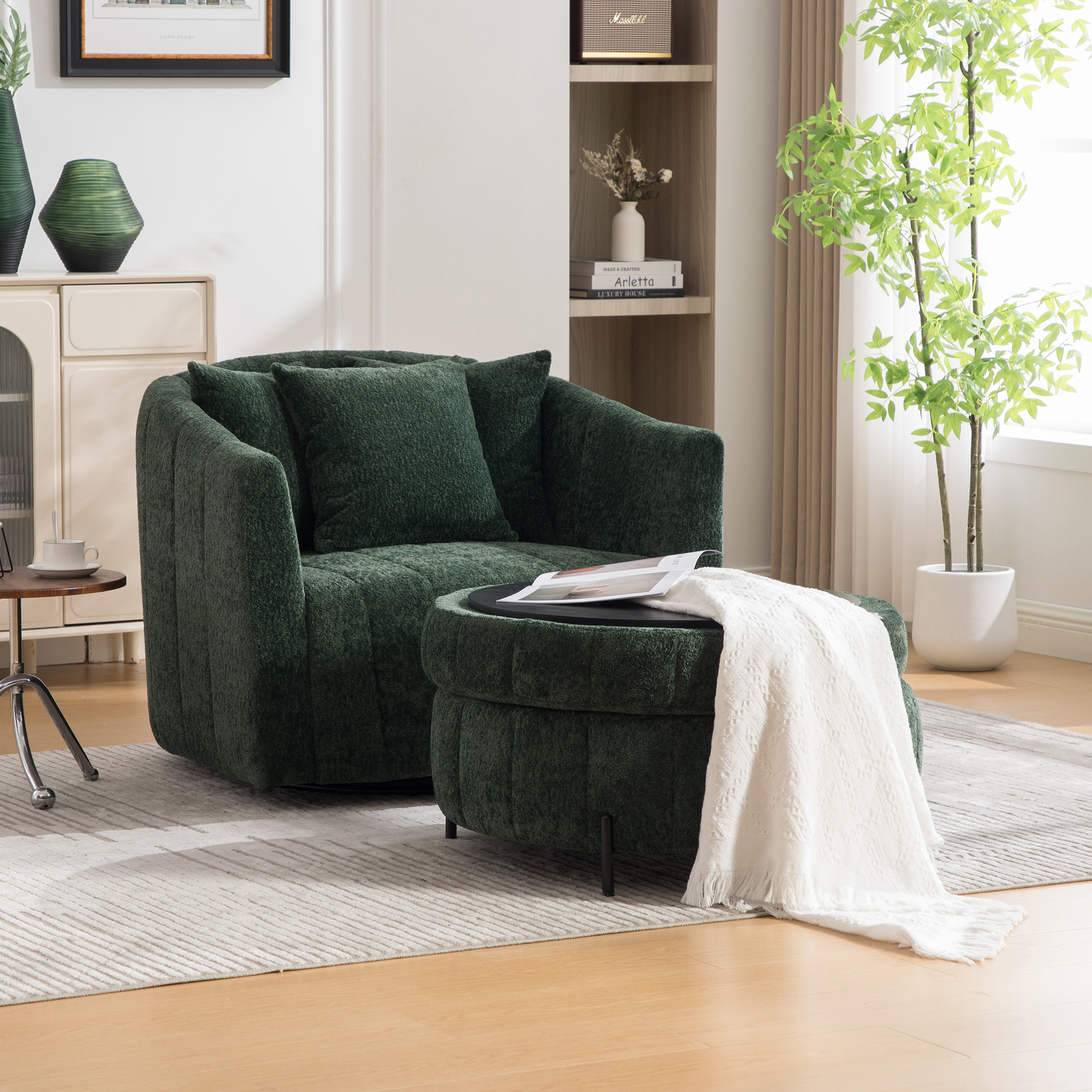 Fauteuil tonneau 39" vert 360° ottoman rangement