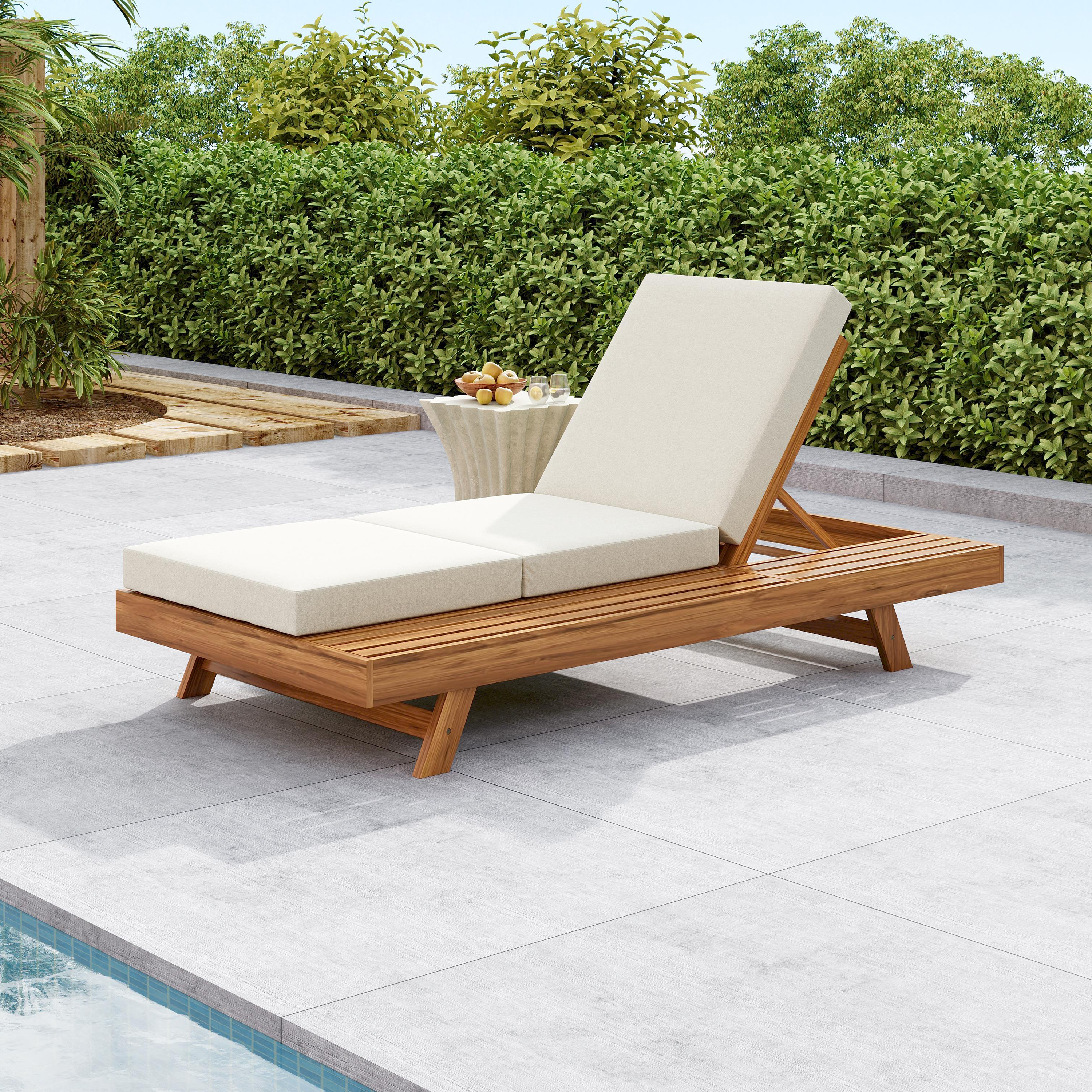 Ensemble chaise longue, bois acacia, coussin crème, version gris foncé disponible