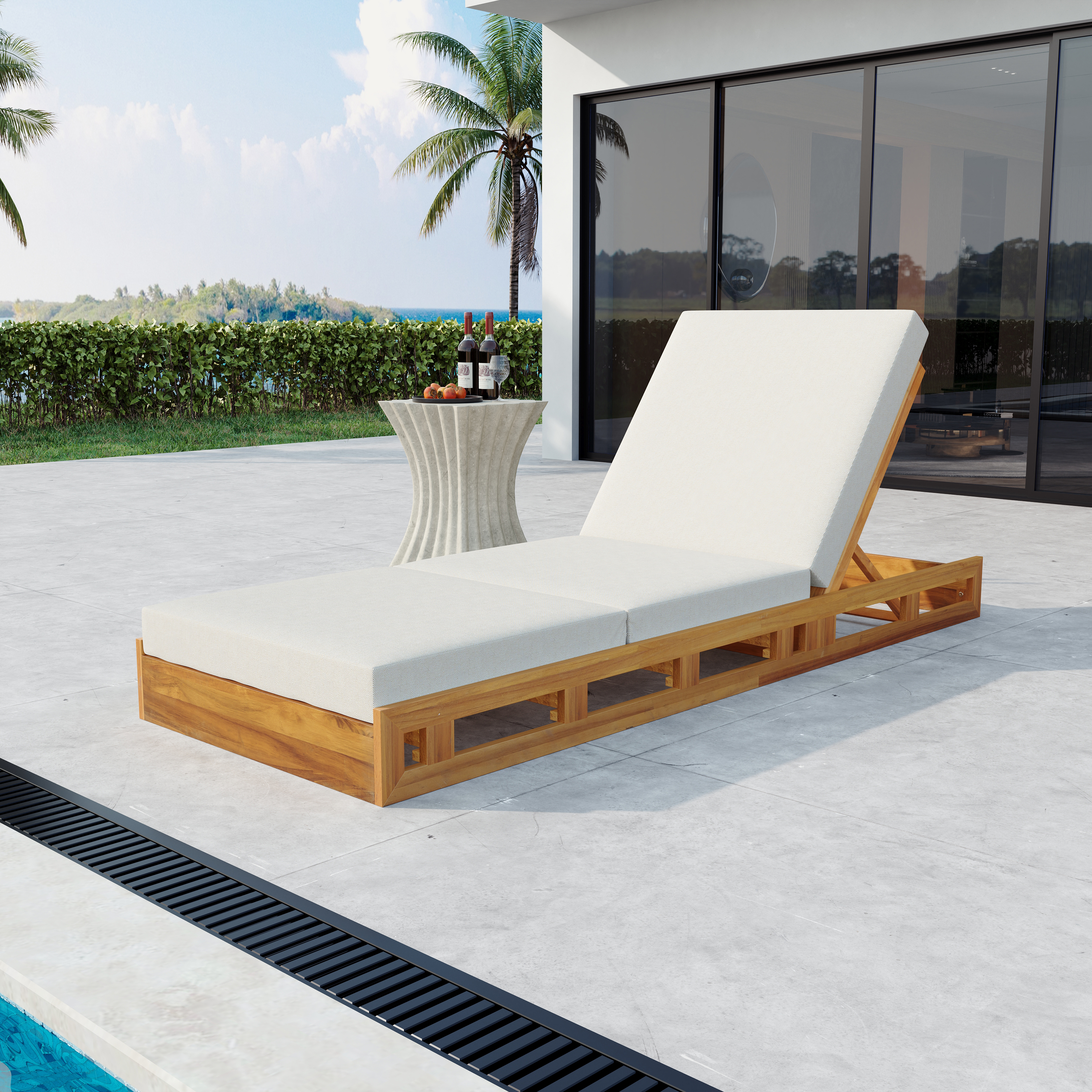 Chaise longue acacia bois coussin crème