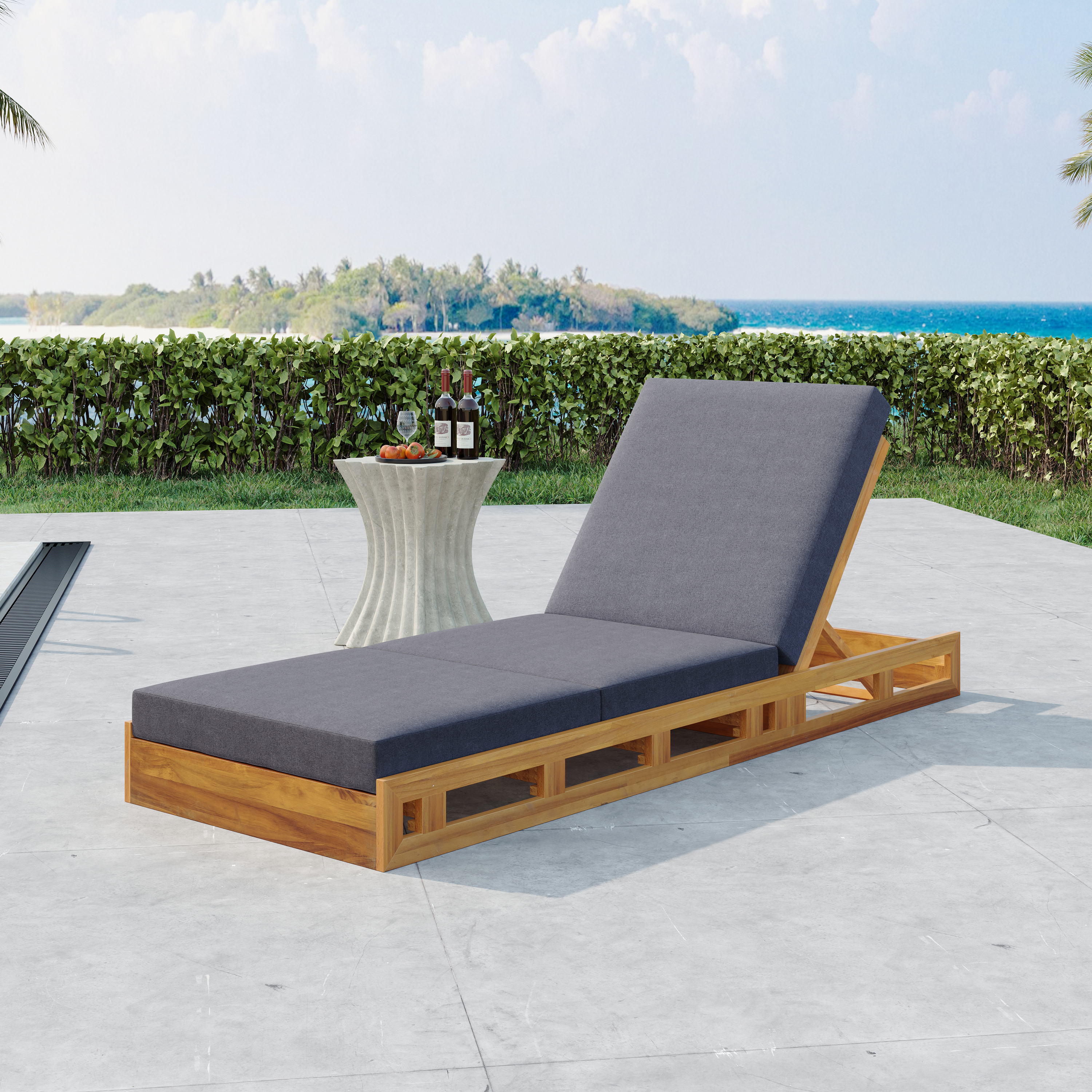 Ensemble chaise longue acacia coussin gris foncé crème