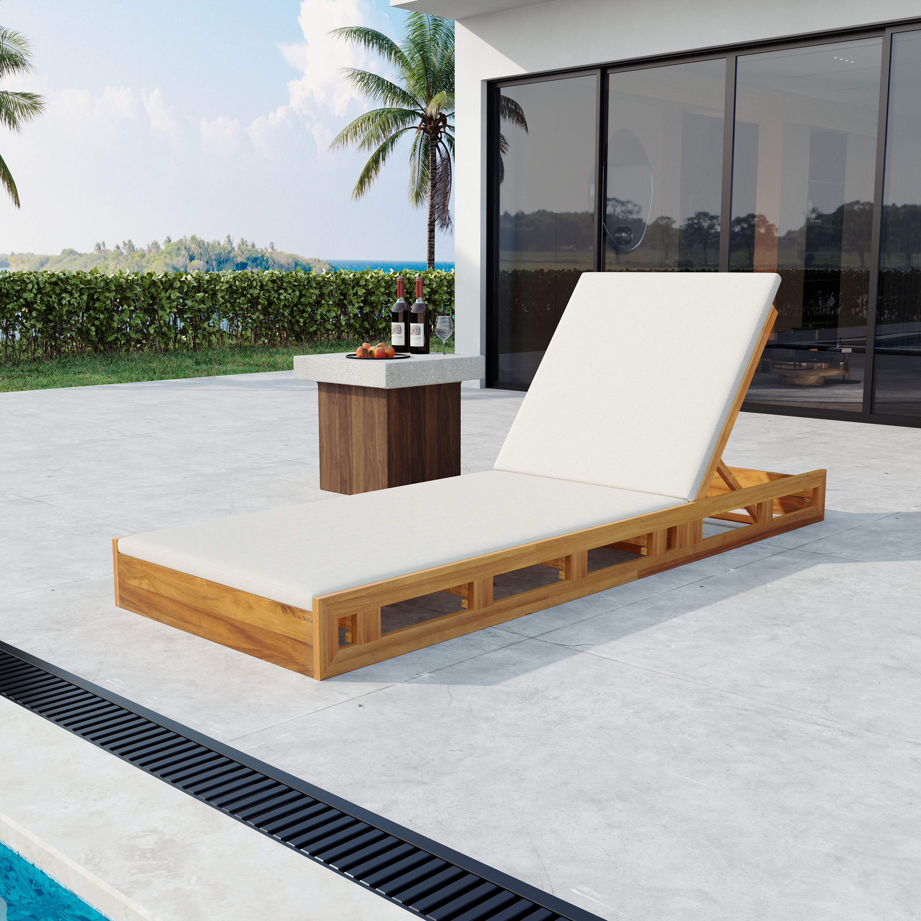 Ensemble chaise longue acacia coussins imperméables crème