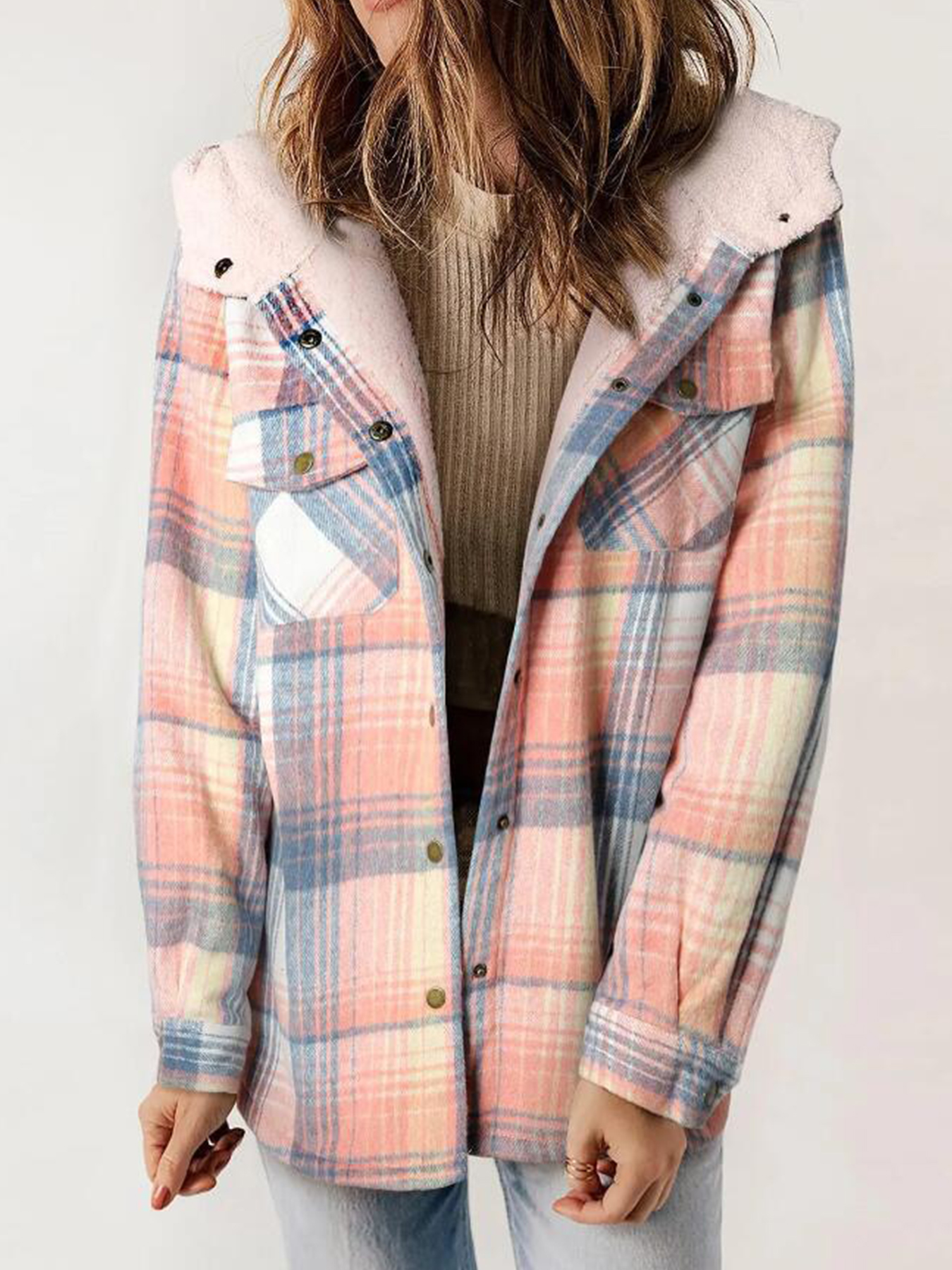Veste à capuche carreaux doublée polaire femme
