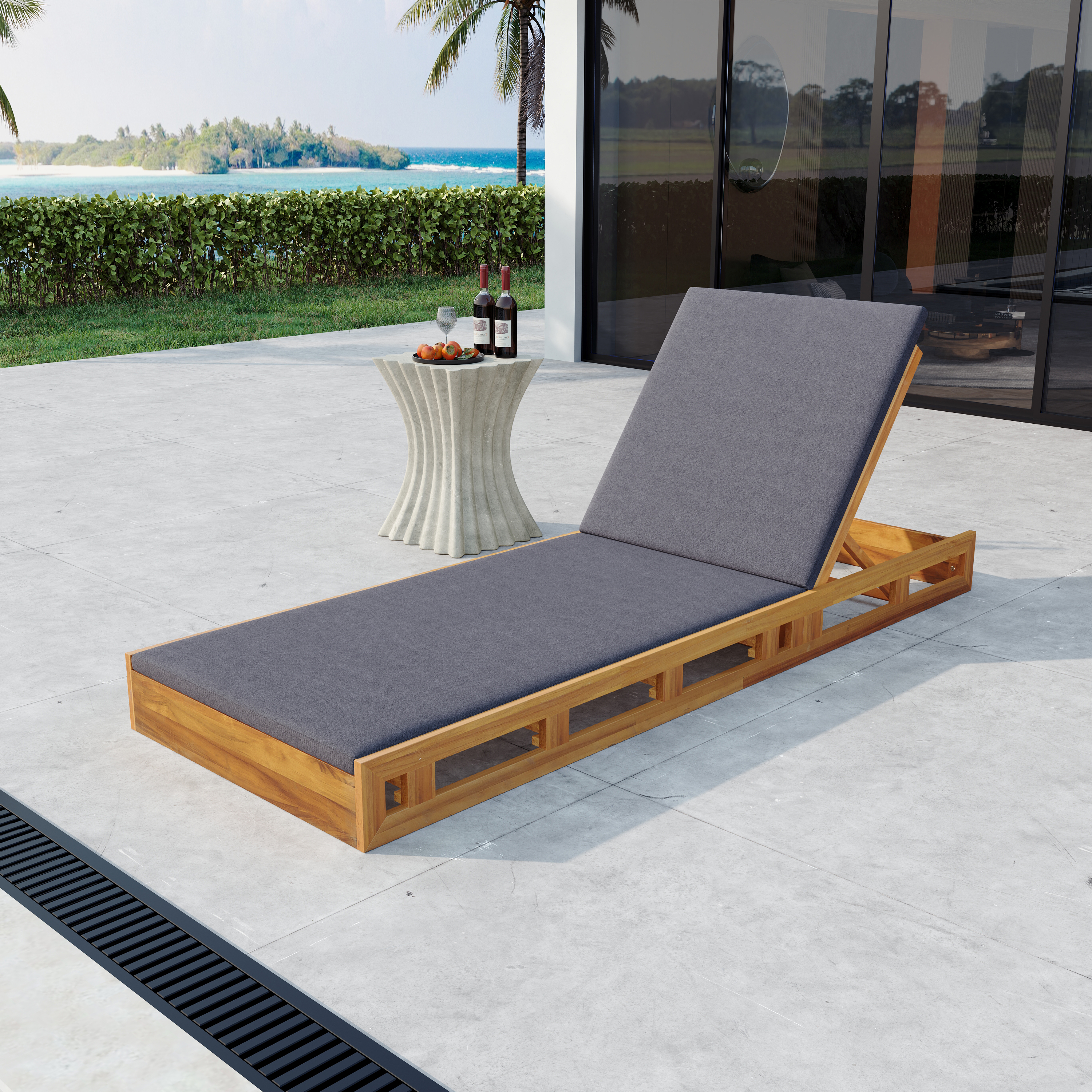 Ensemble chaise longue, bois acacia, coussin gris résistant eau