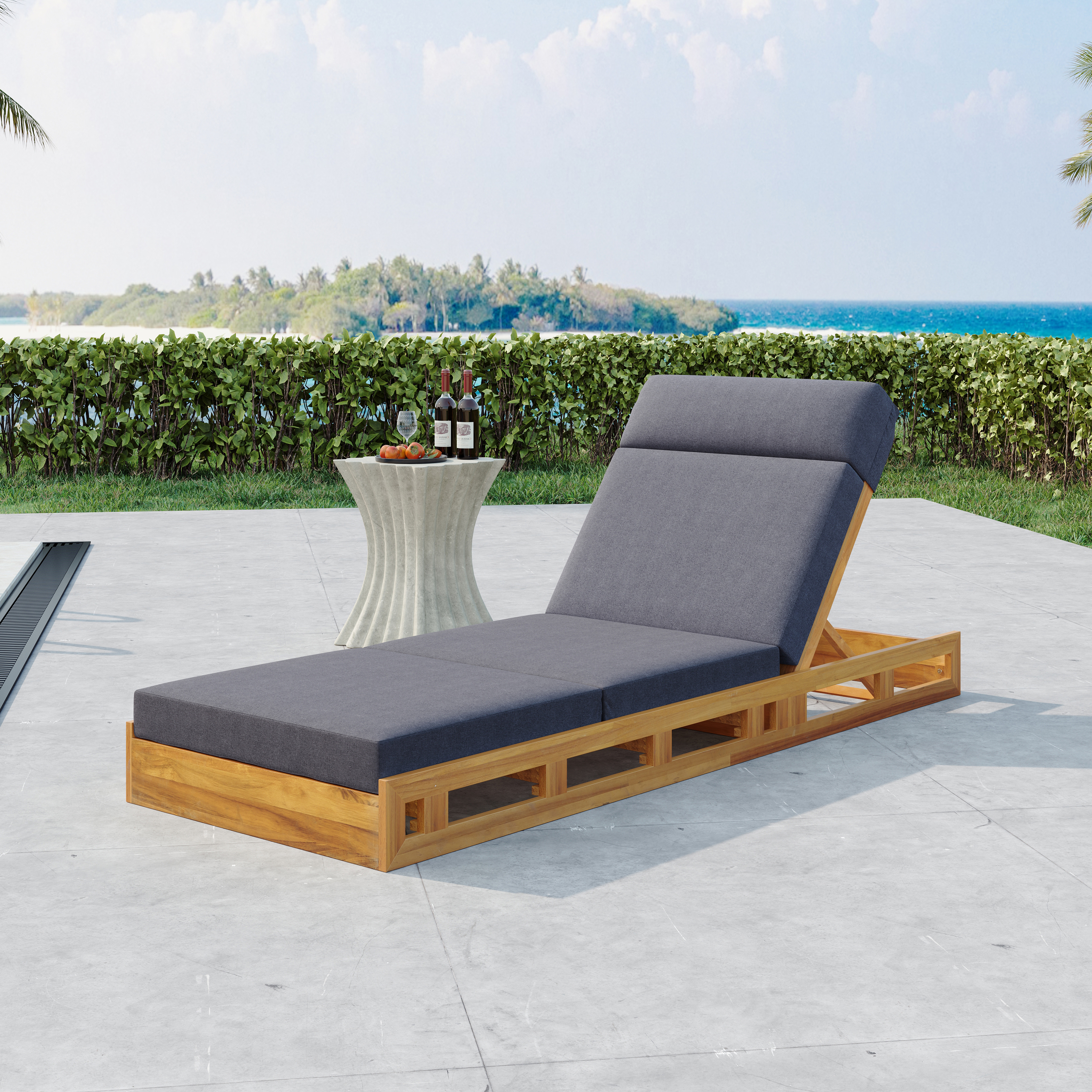 Ensemble chaise longue accoudoir bois acacia coussin gris foncé