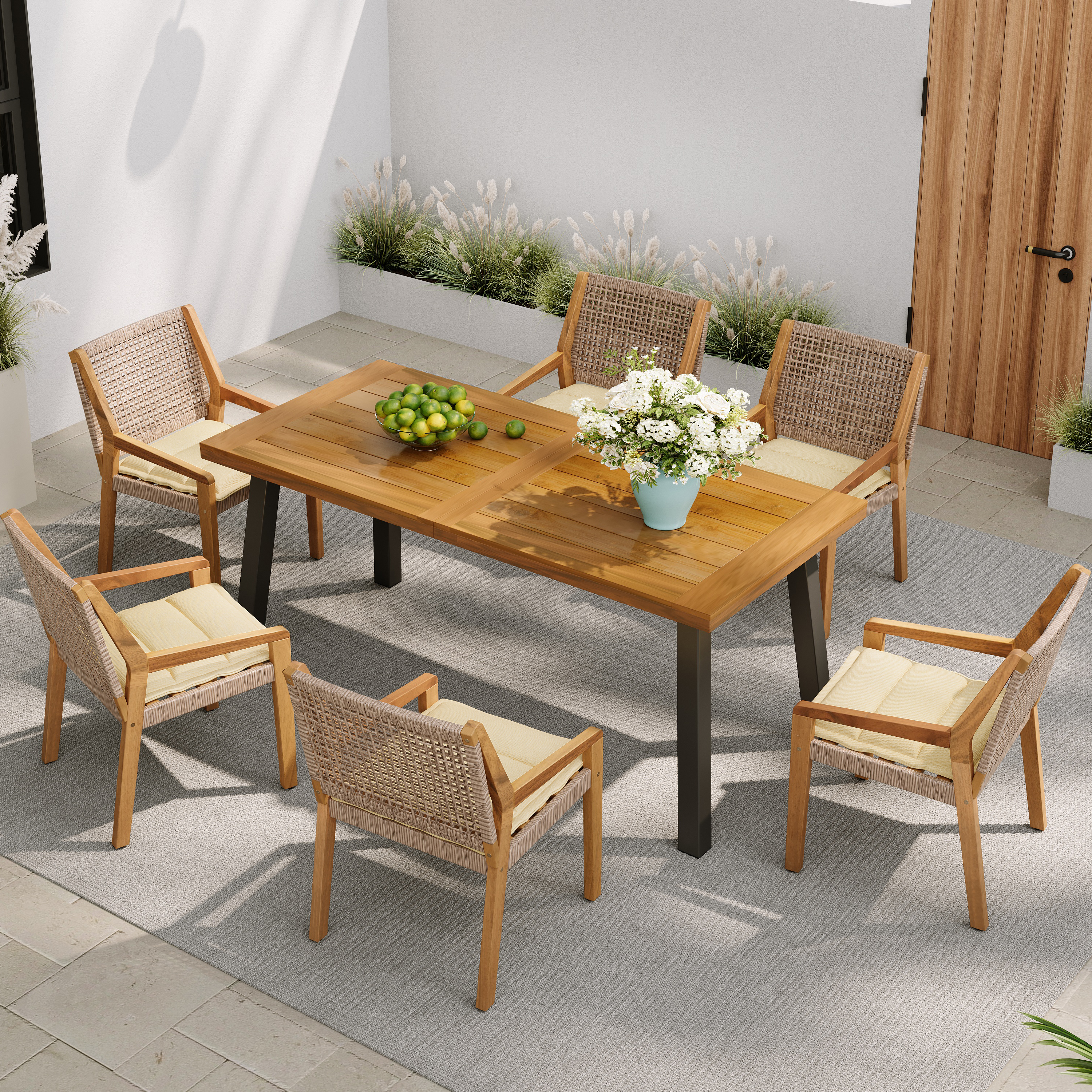 Ensemble patio Acacia, table + 6 chaises osier, coussins