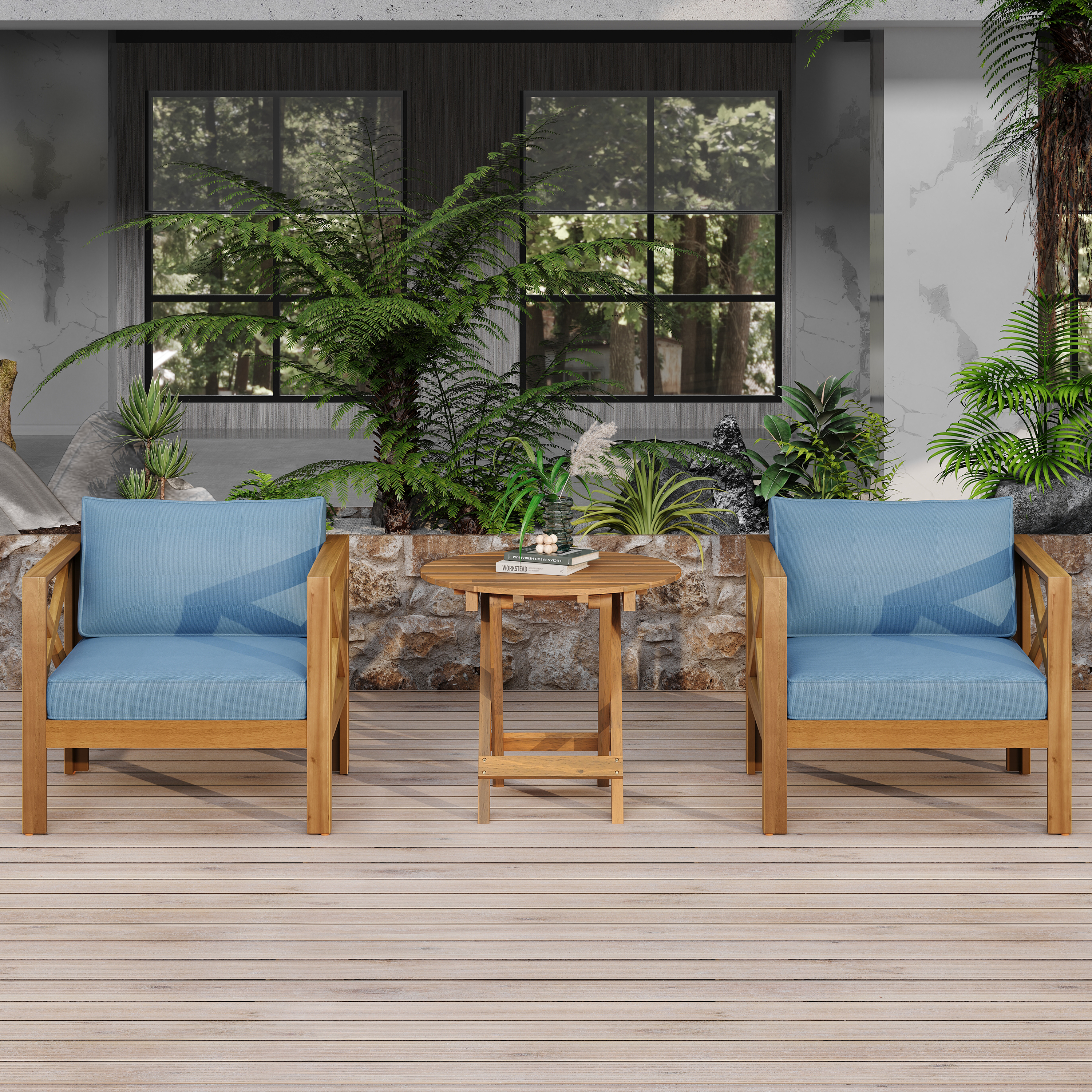 Ensemble 4 chaises patio bois acacia coussin bleu, table latérale pliable