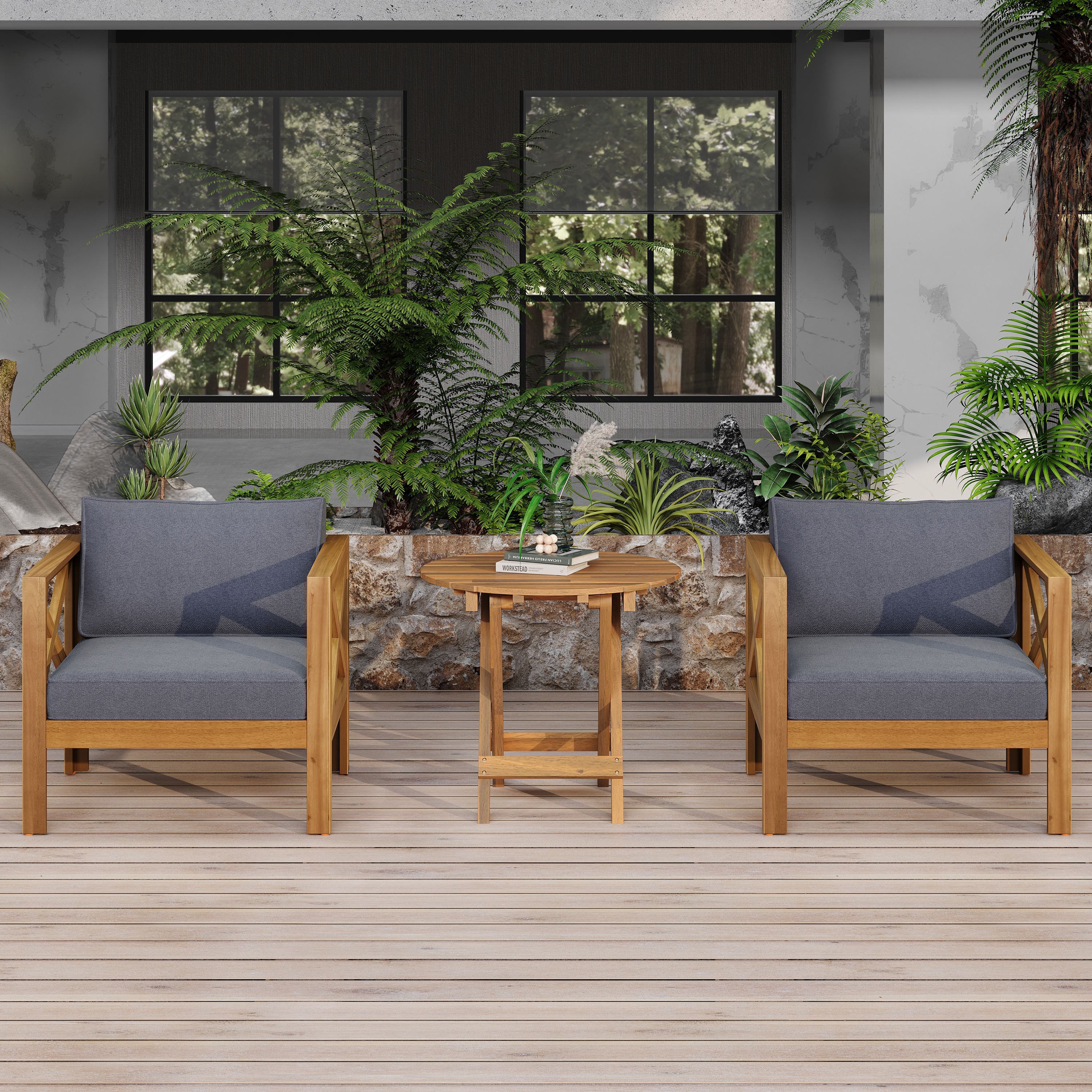 Ensemble conversation patio bois acacia, coussin gris