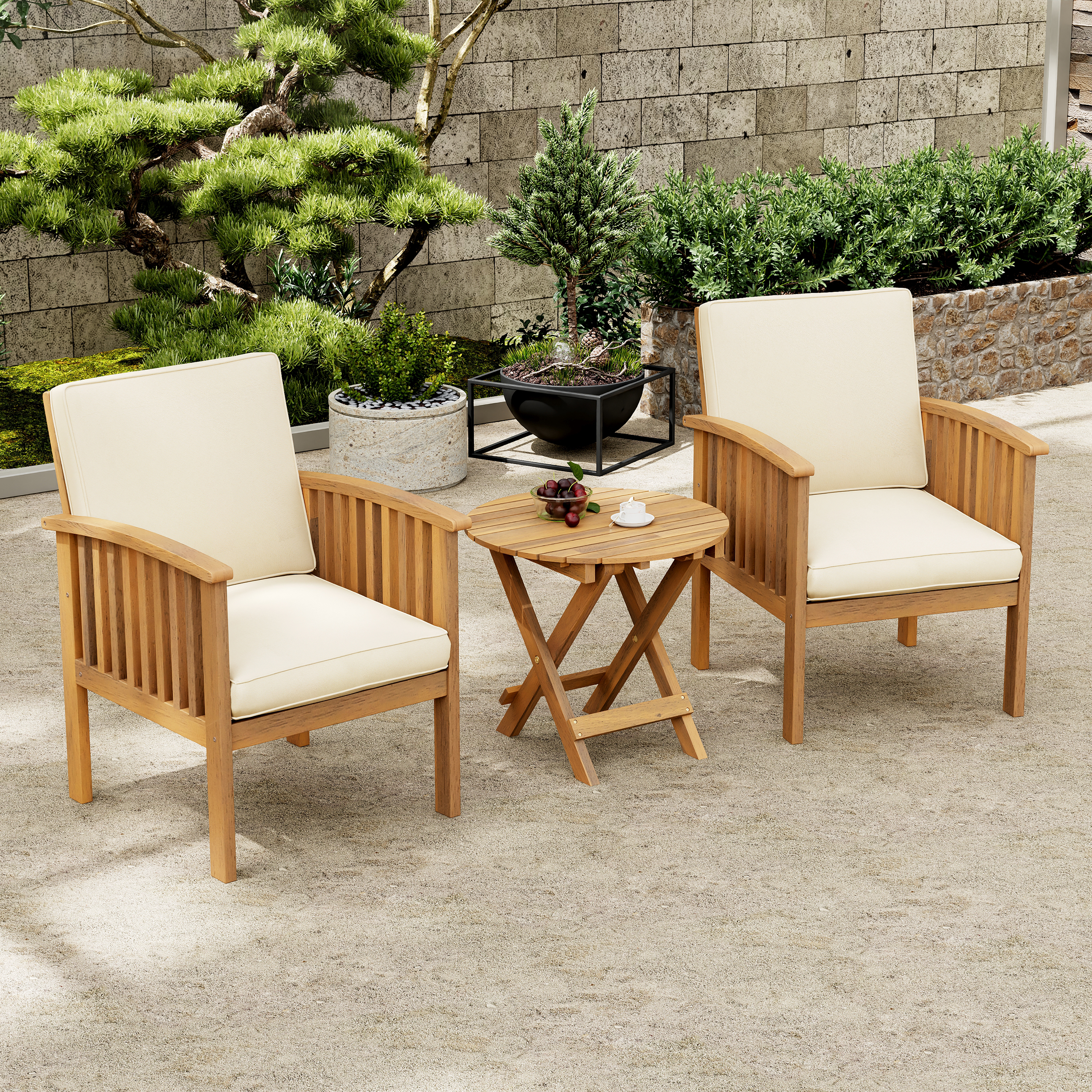 Ensemble patio bois acacia avec chaises club et table d'appoint