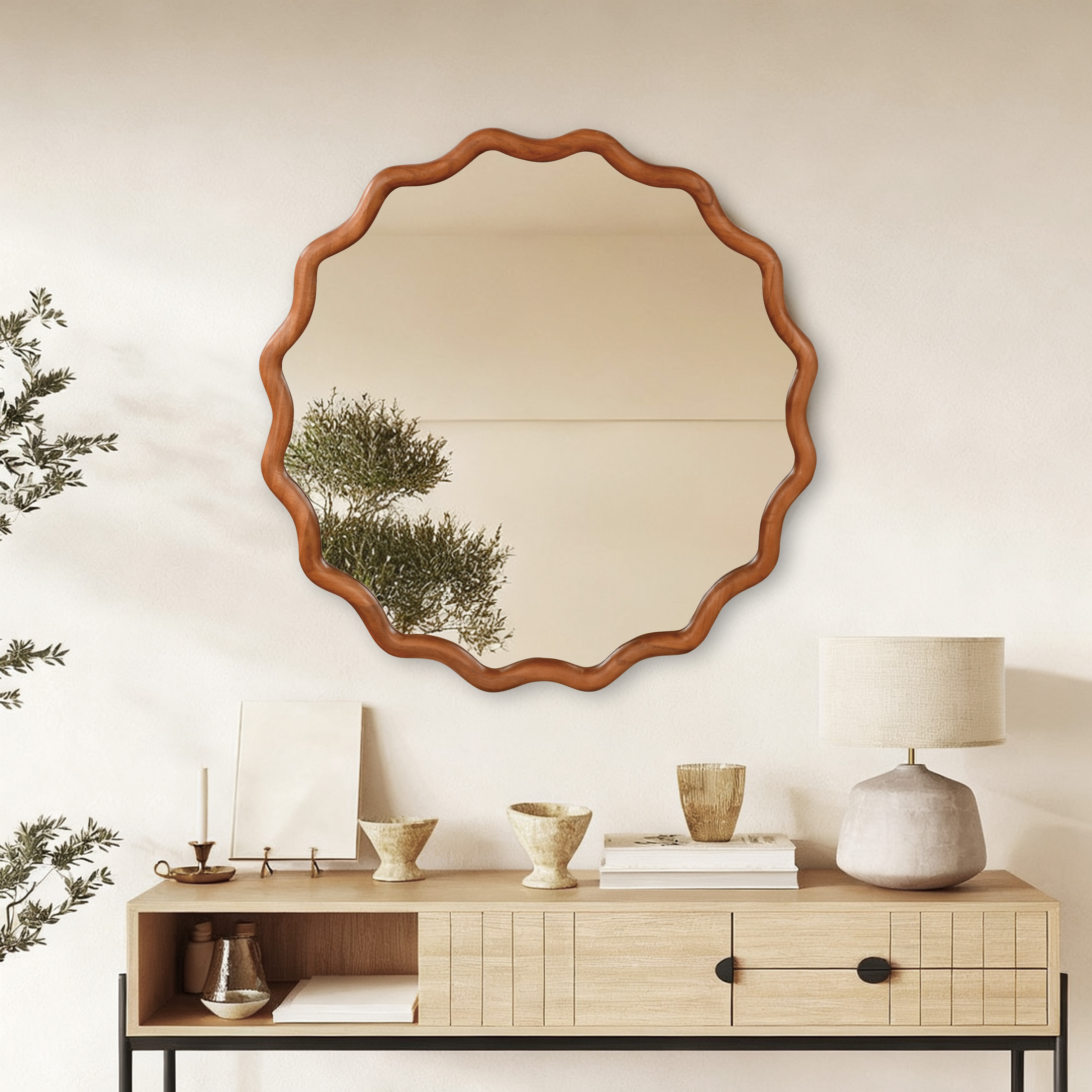 Miroir rond ondul 36po bois brun