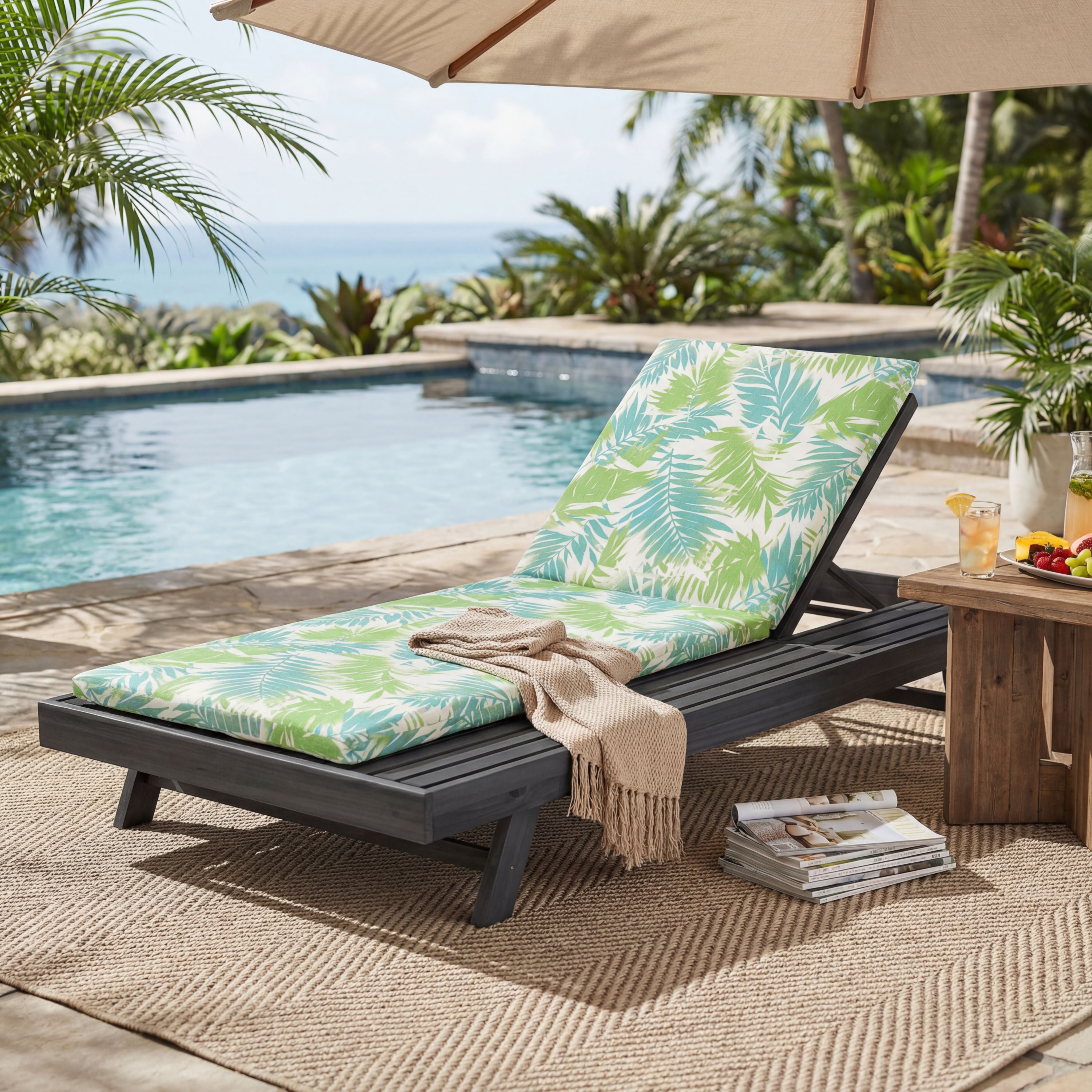 Ensemble chaise longue bois acacia noir coussin