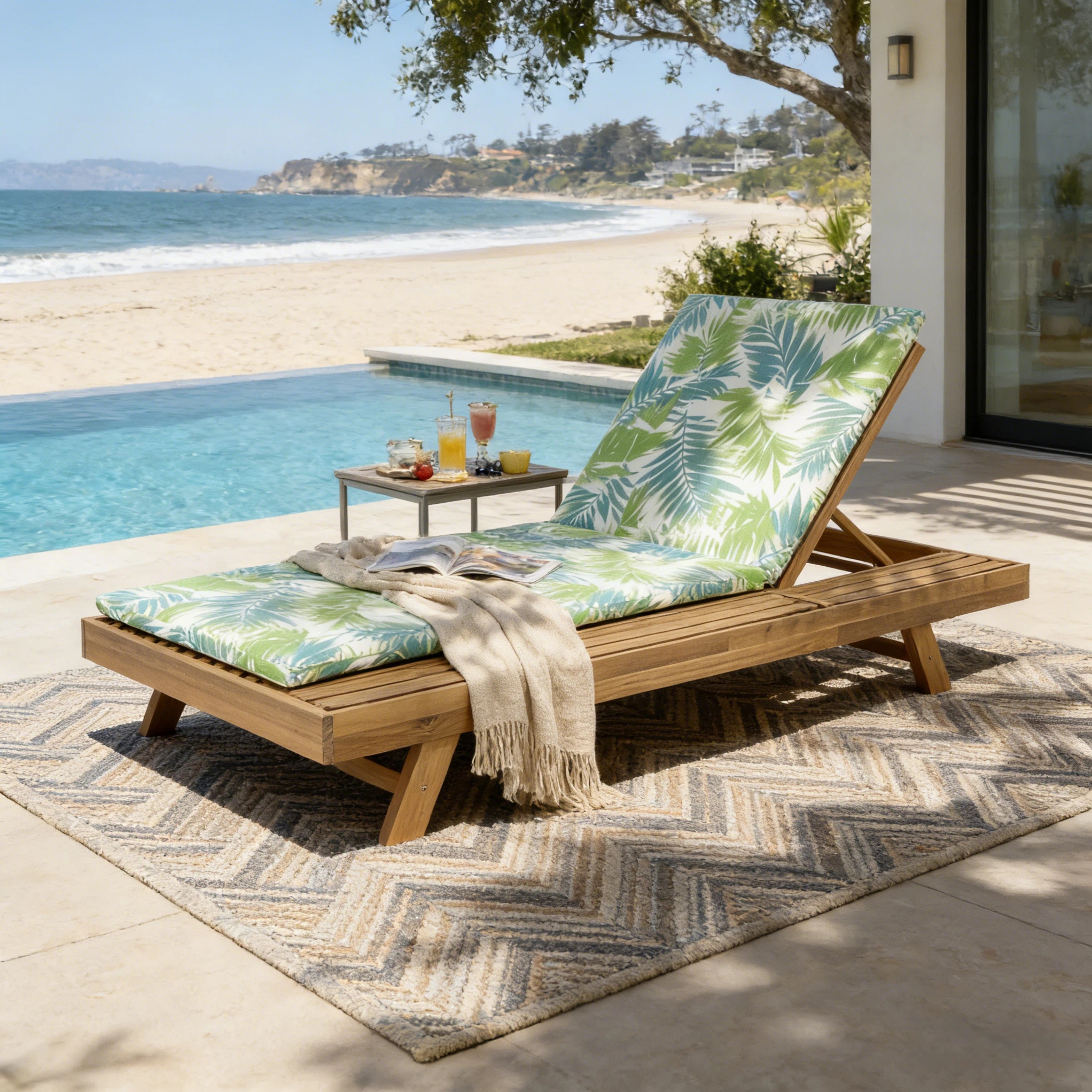Ensemble chaise longue bois acacia coussin, brun