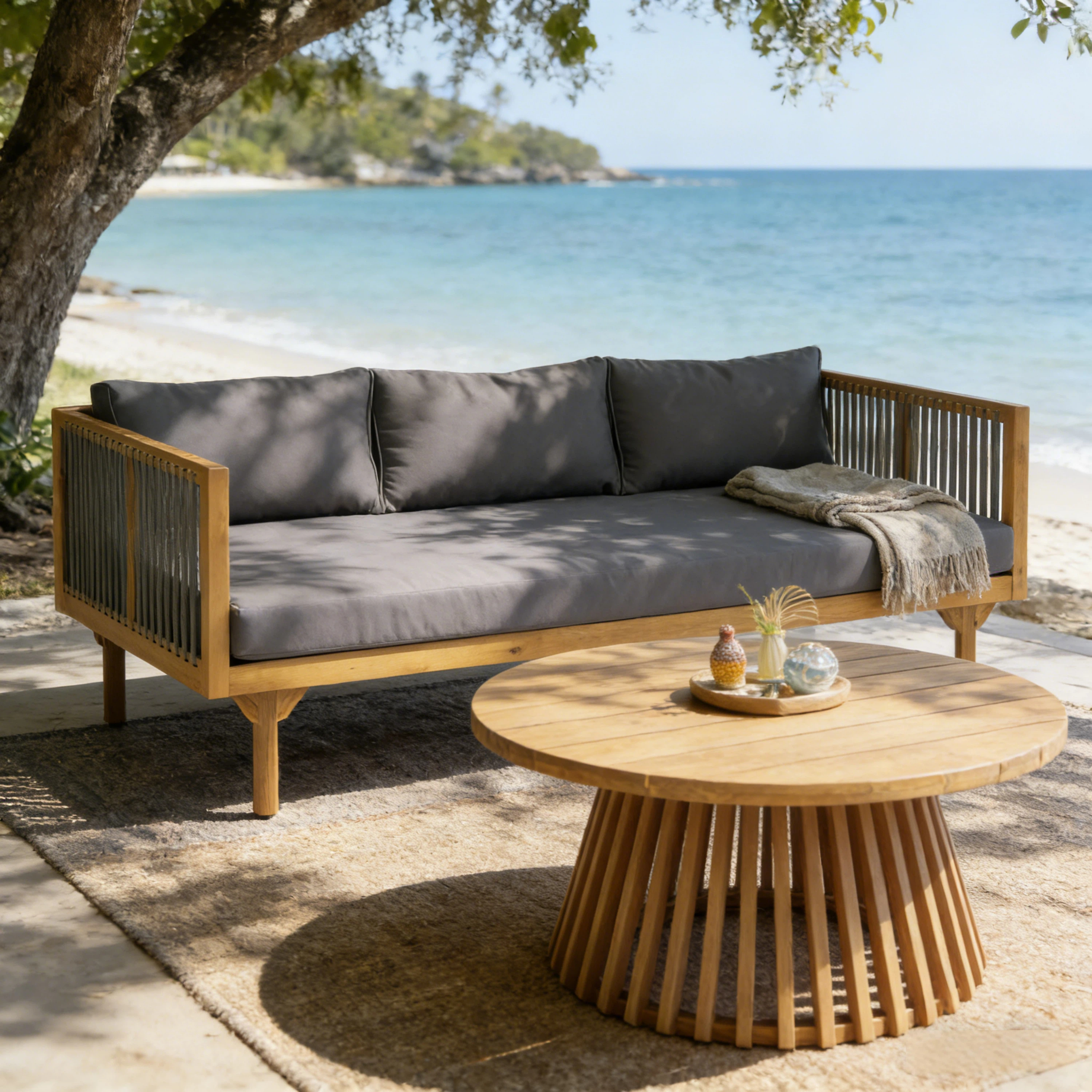 Ensemble patio 2 pcs sofa cordes gris acacia