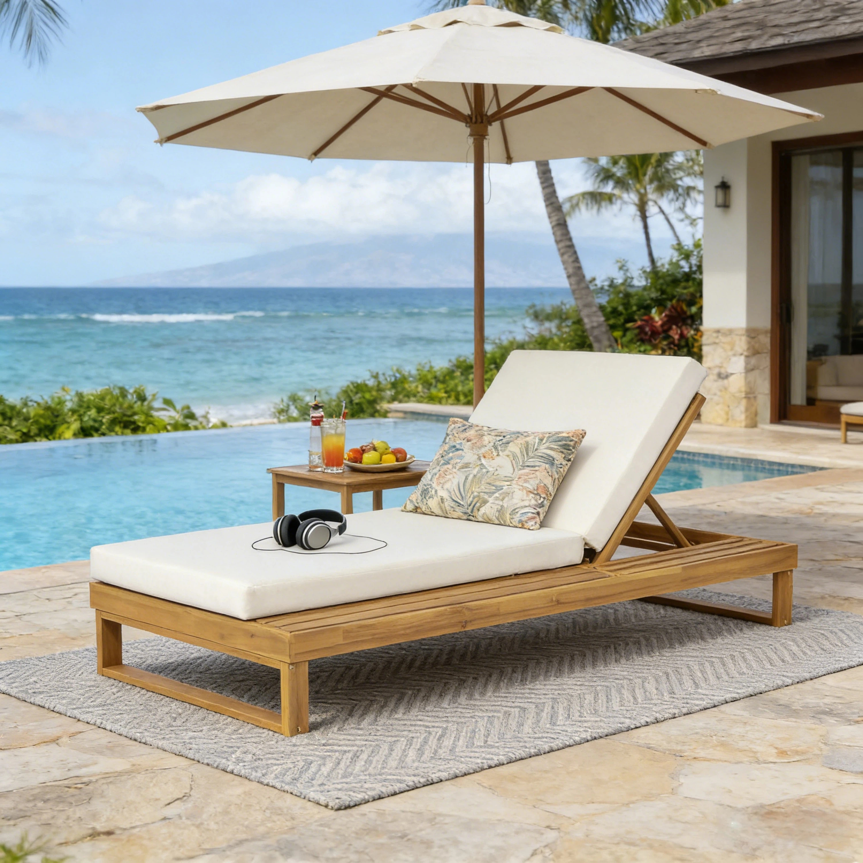 Méridienne Acacia finition teck, coussin crème 4po, ajustable 4 positions