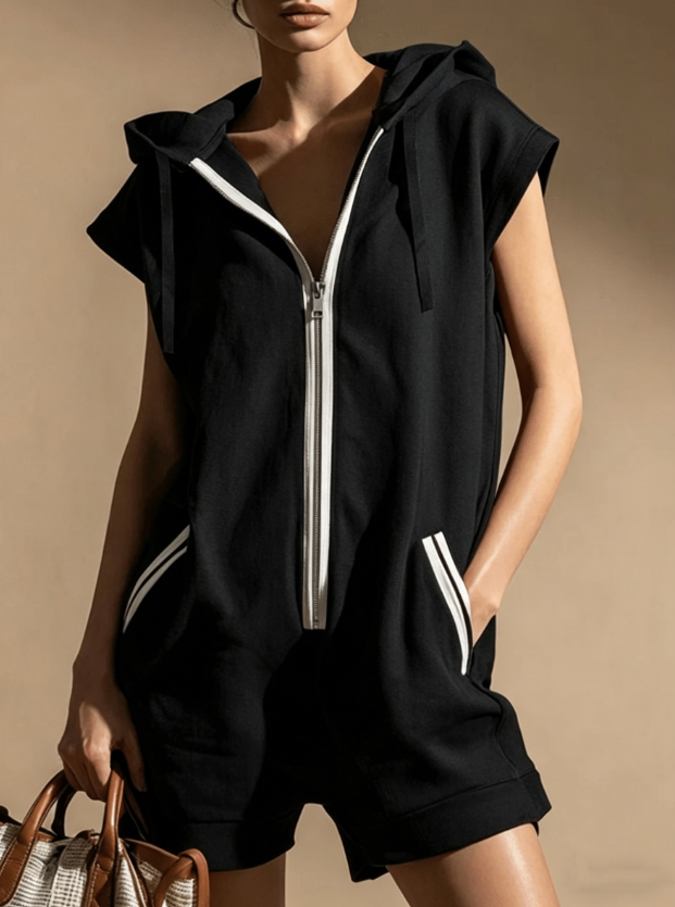 Combishort rayure capuchon sans manches casual