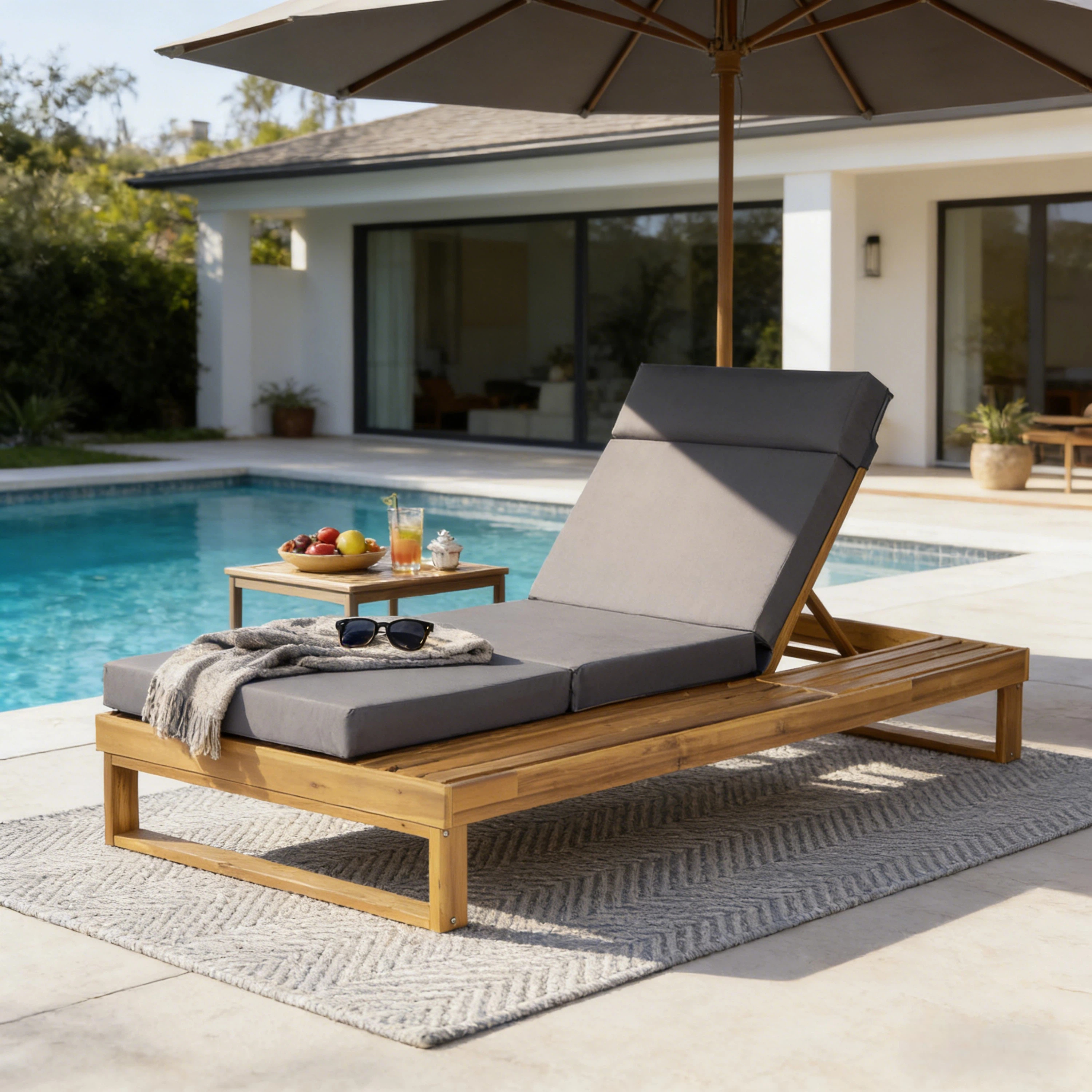 Chaise longue bois acacia teck, coussin gris 4 po, patio piscine, beige disponible