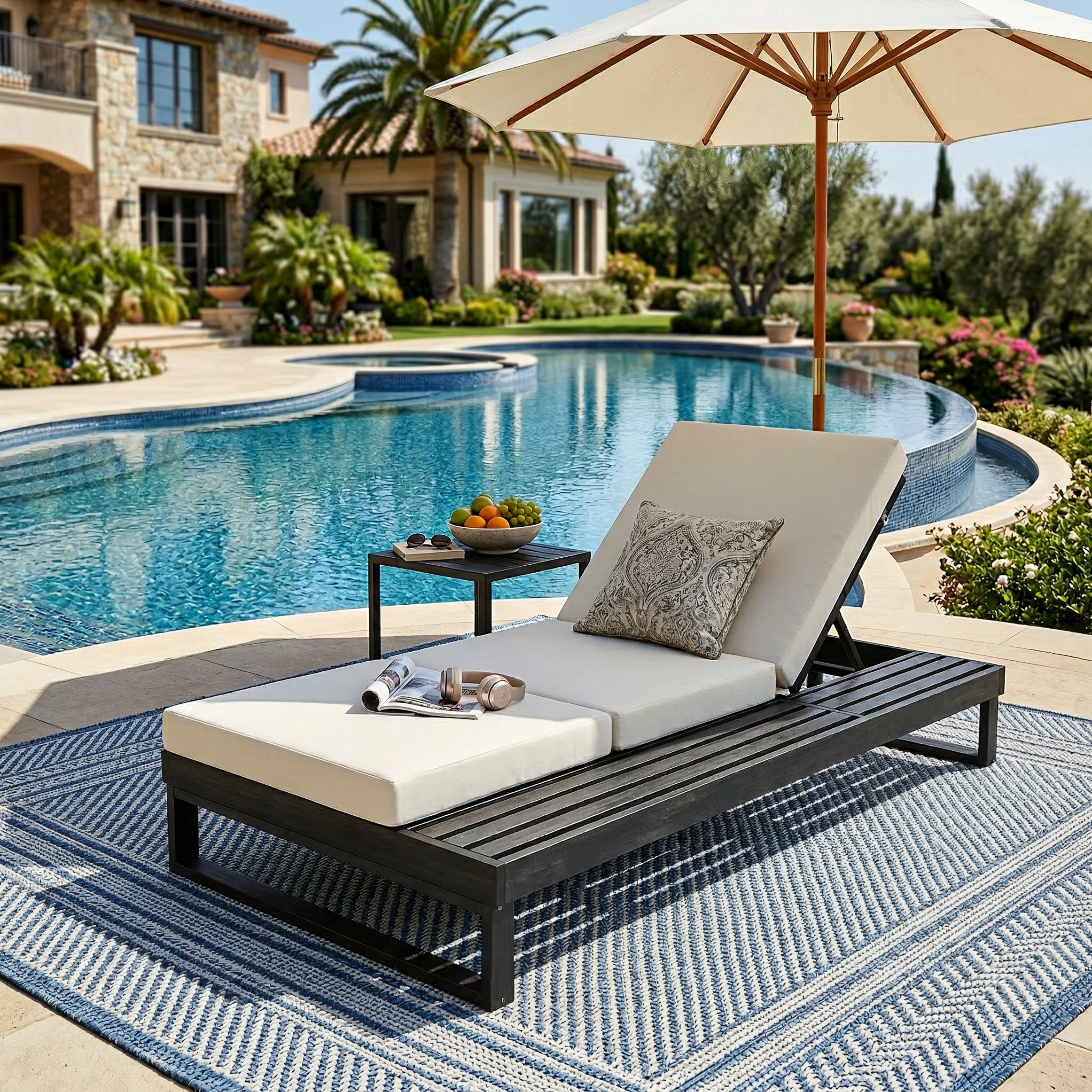 Méridienne acacia noir coussin crème 4 positions