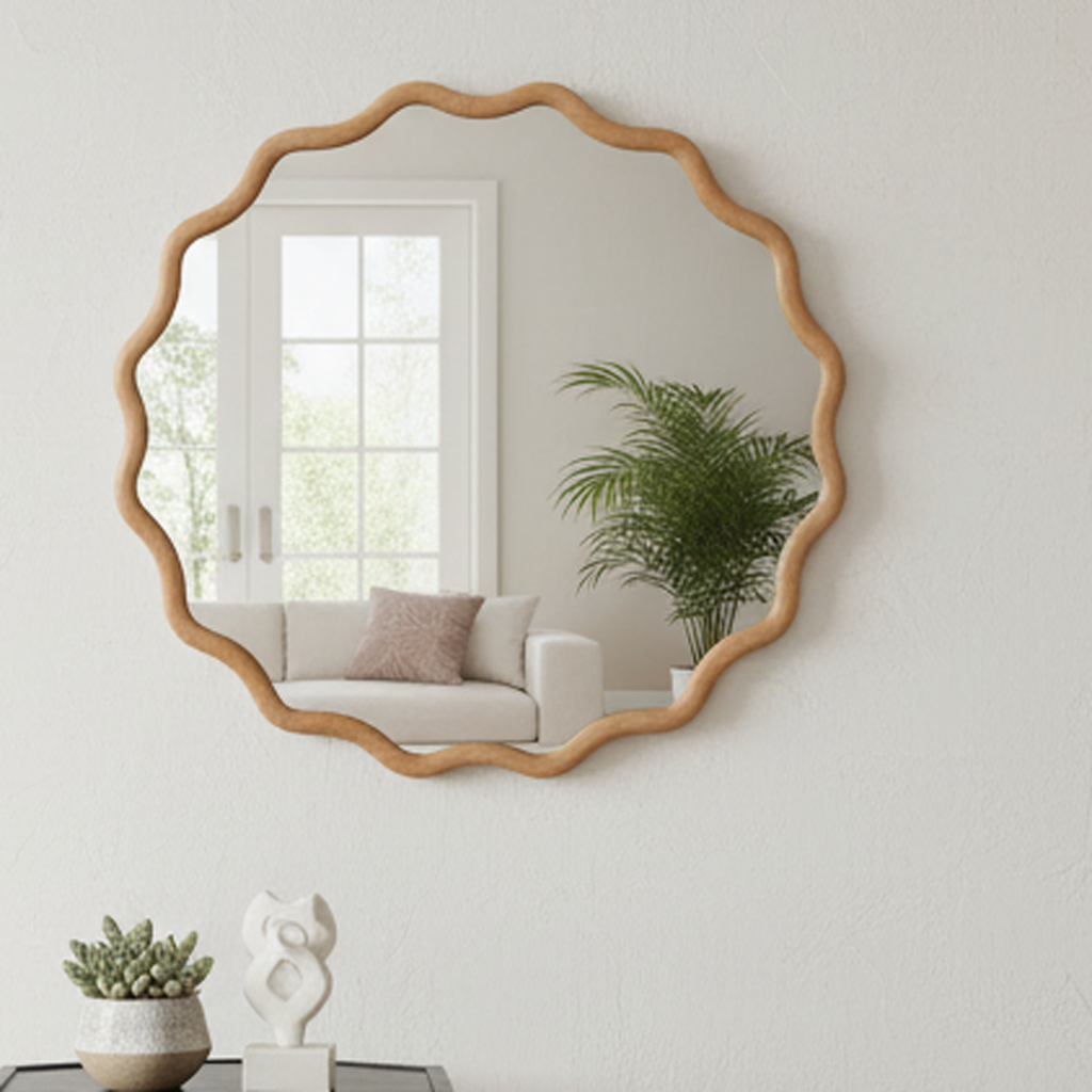 Miroir rond 24 po bois naturel, cadre ondulé bois massif, chambre salle bain