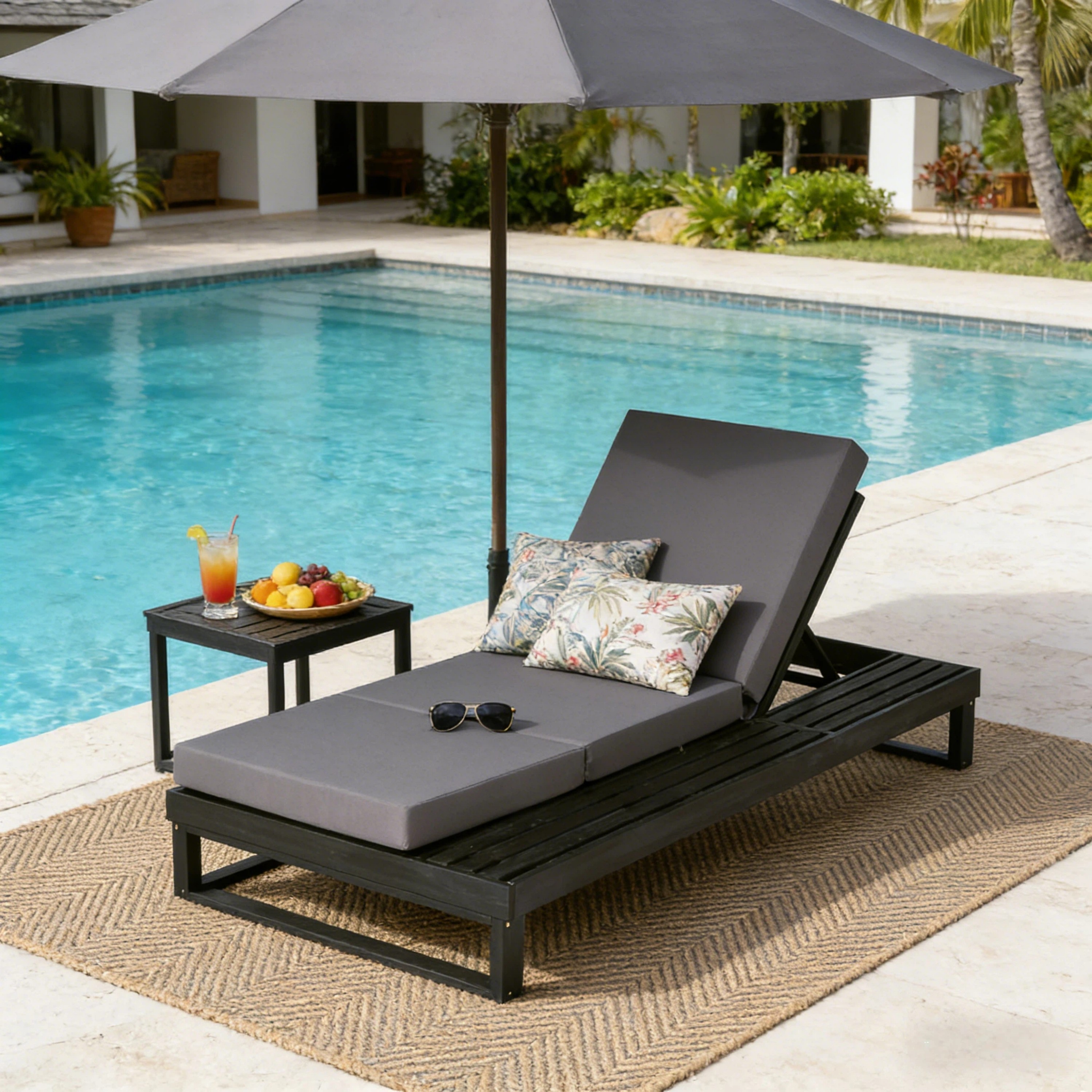 Chaise longue Acacia noir, coussin gris 4po, 4 positions