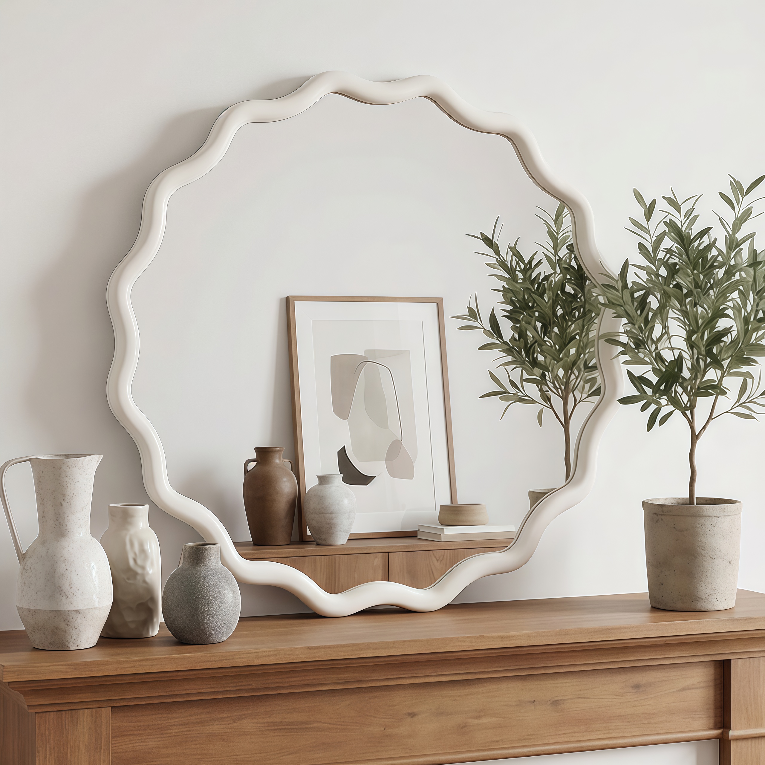 Miroir bois rond ondulé blanc 24 po
