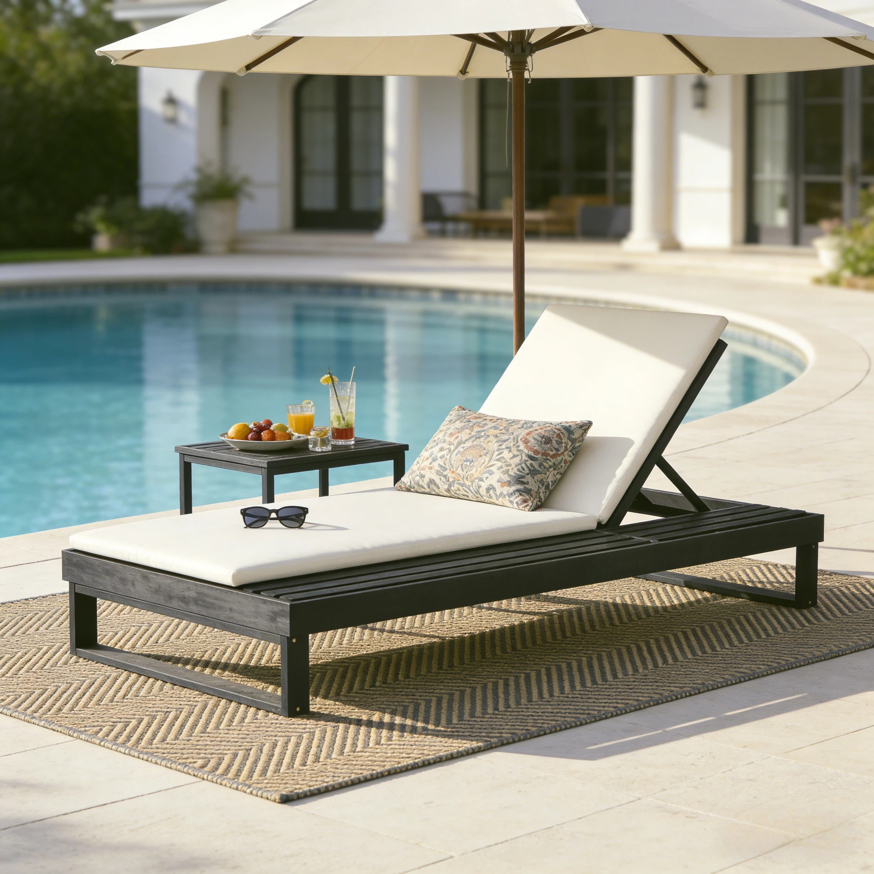 Méridienne bois acacia noir avec coussin crème 2 plis, 4 positions