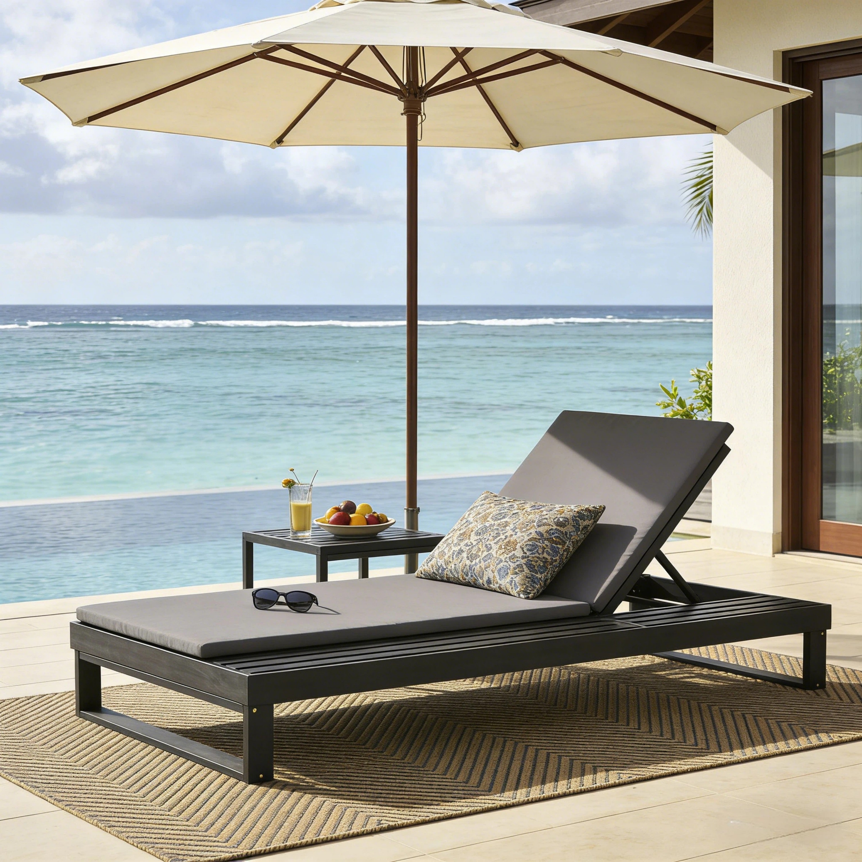 Chaise longue acacia noir, coussin gris 1,57 po, 4 positions