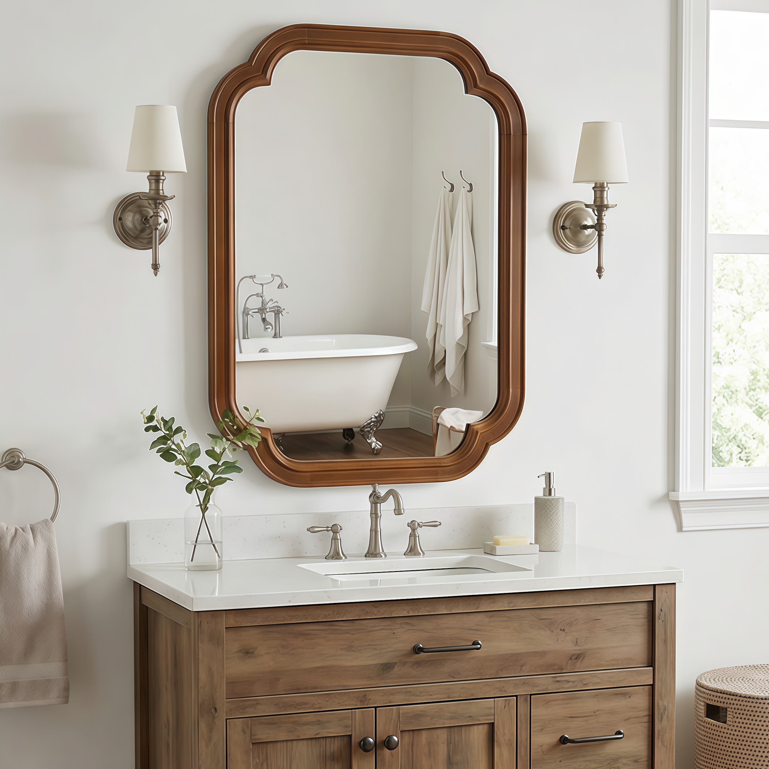 Miroir décoratif noyer 24po x 36po, coins arrondis, bois massif