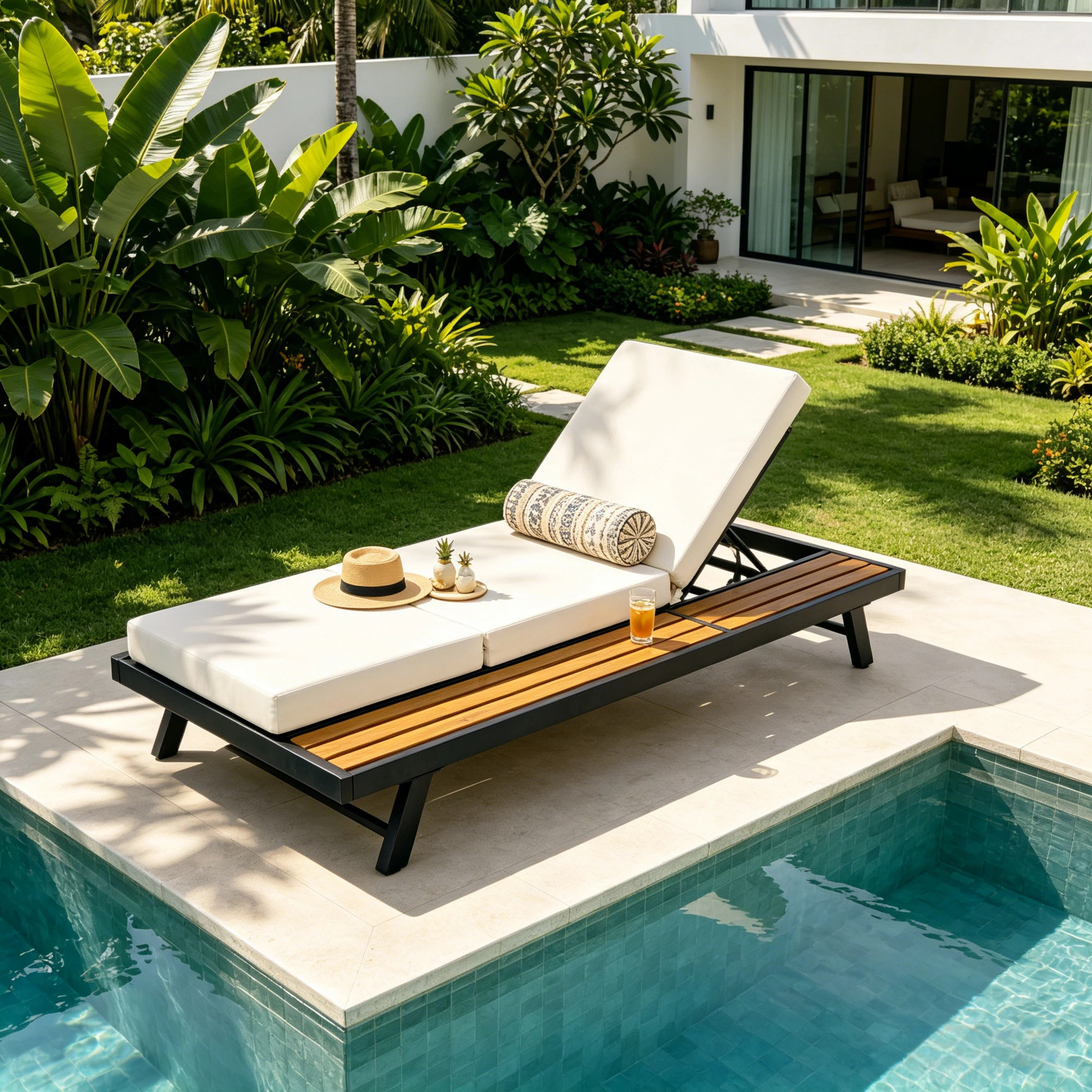 Méridienne teck fer noir coussin crème 400 lbs