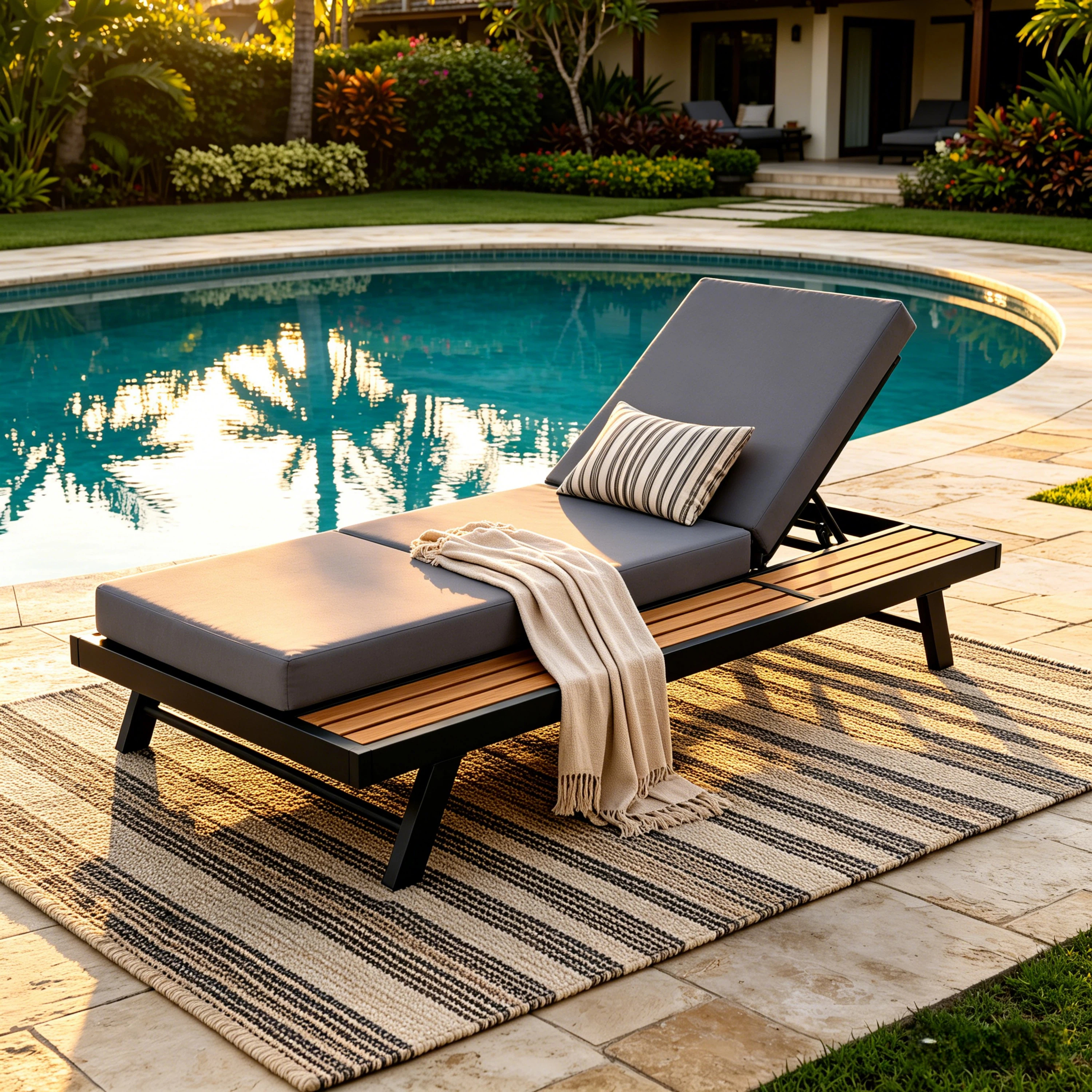 Méridienne teck gris 400lb, dossier ajustable poolside