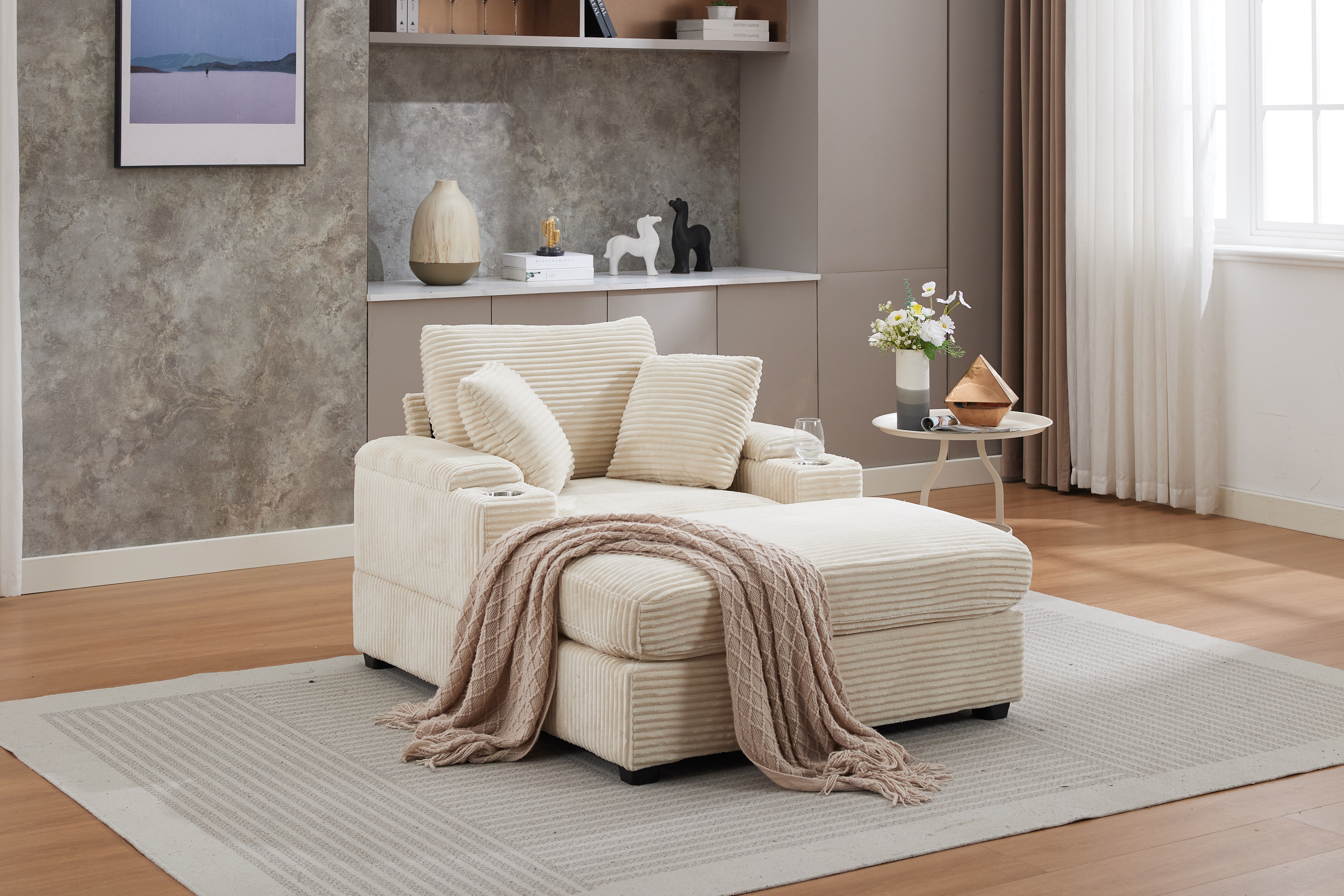 Méridienne velours côtelé rangement, pouf mobile, 3 couleurs
