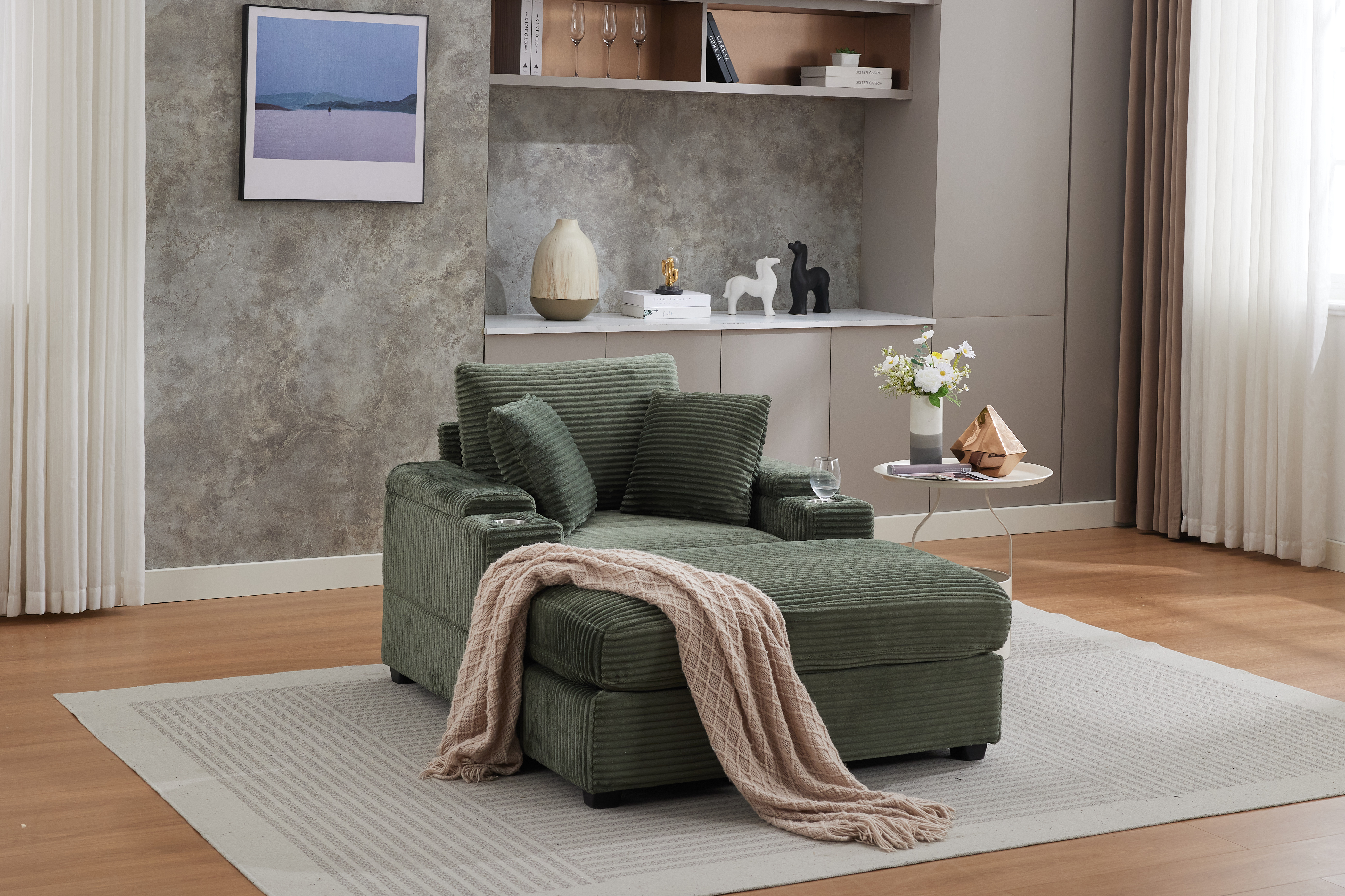 Méridienne corduroy rayée large rangement ottoman