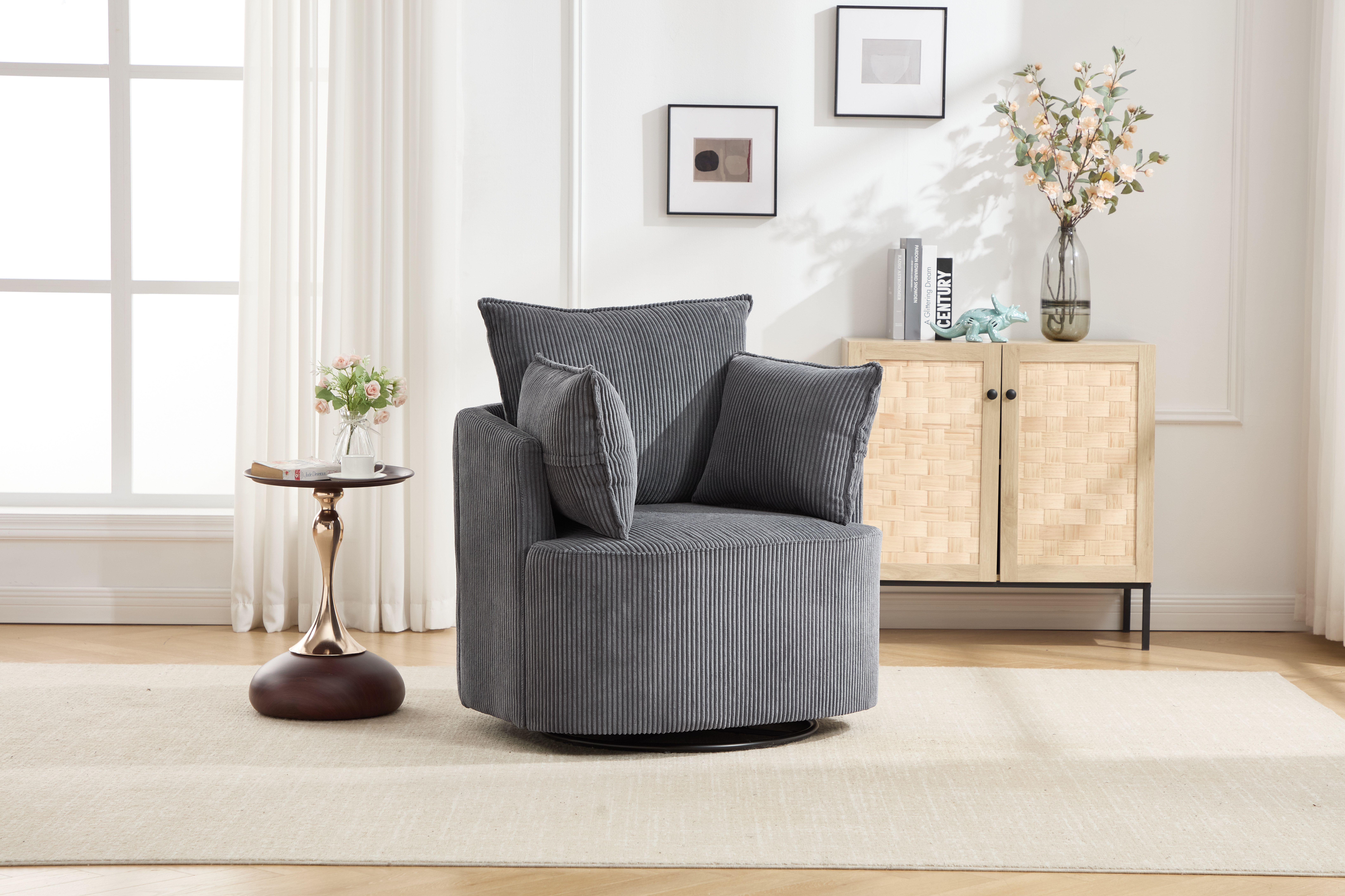 Fauteuil pivotant gris tonneau rembourré, chaise de lecture en velours côtelé
