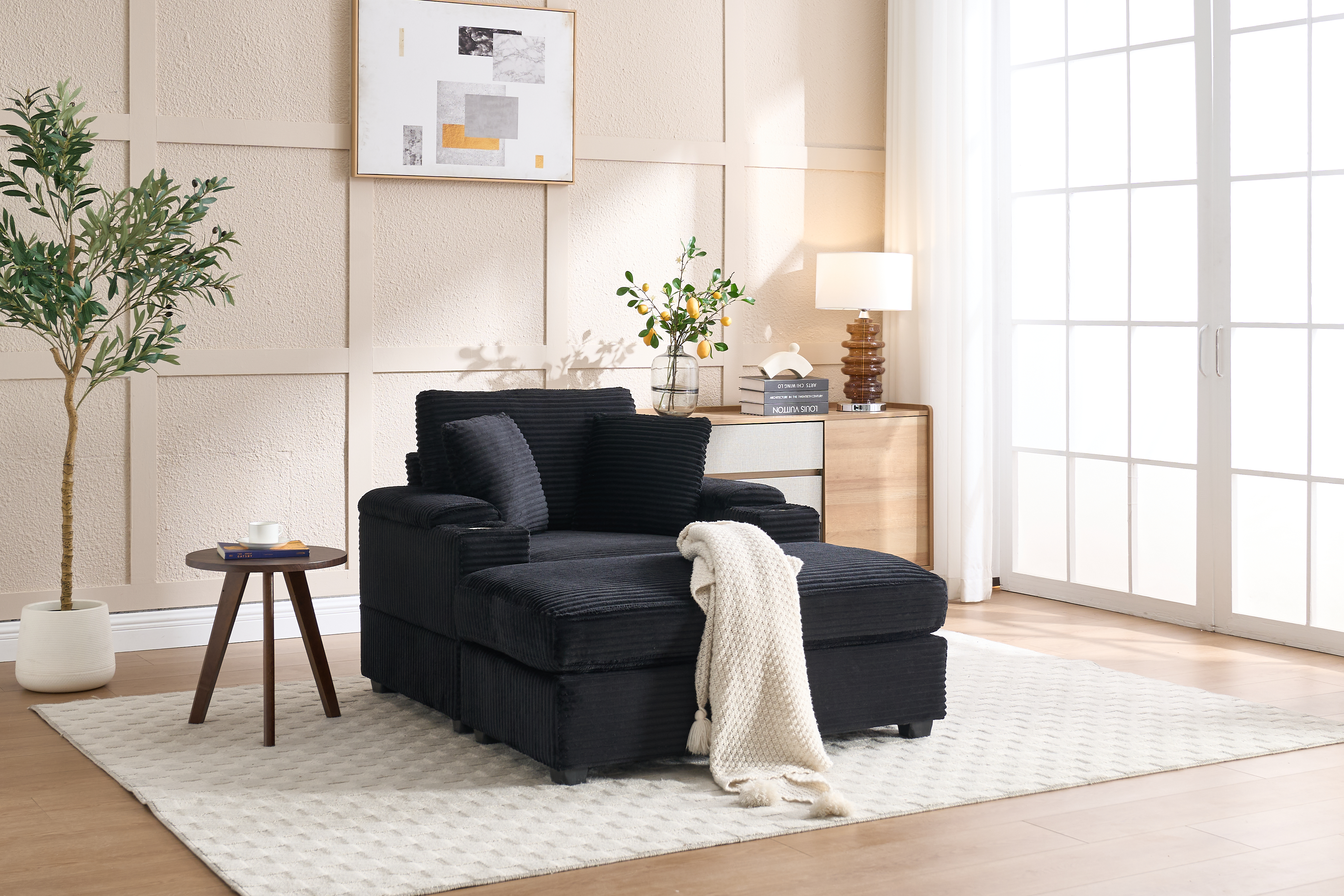 Méridienne Corduroy Rangement Accoudoir Ottoman Porte-Verres 5 Couleurs