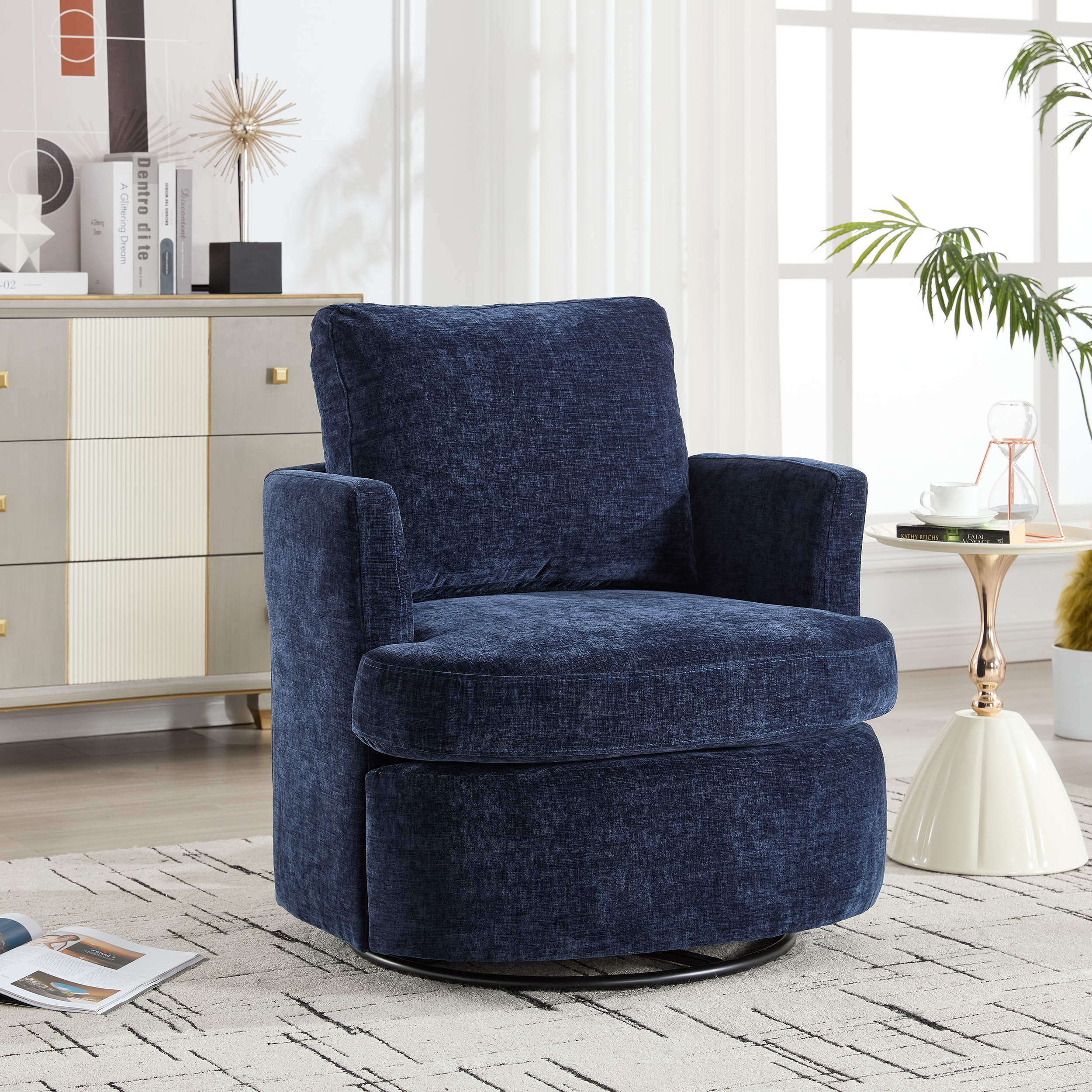 Chaise pivotante velours bleu, 360°, salon/chambre/poudreuse