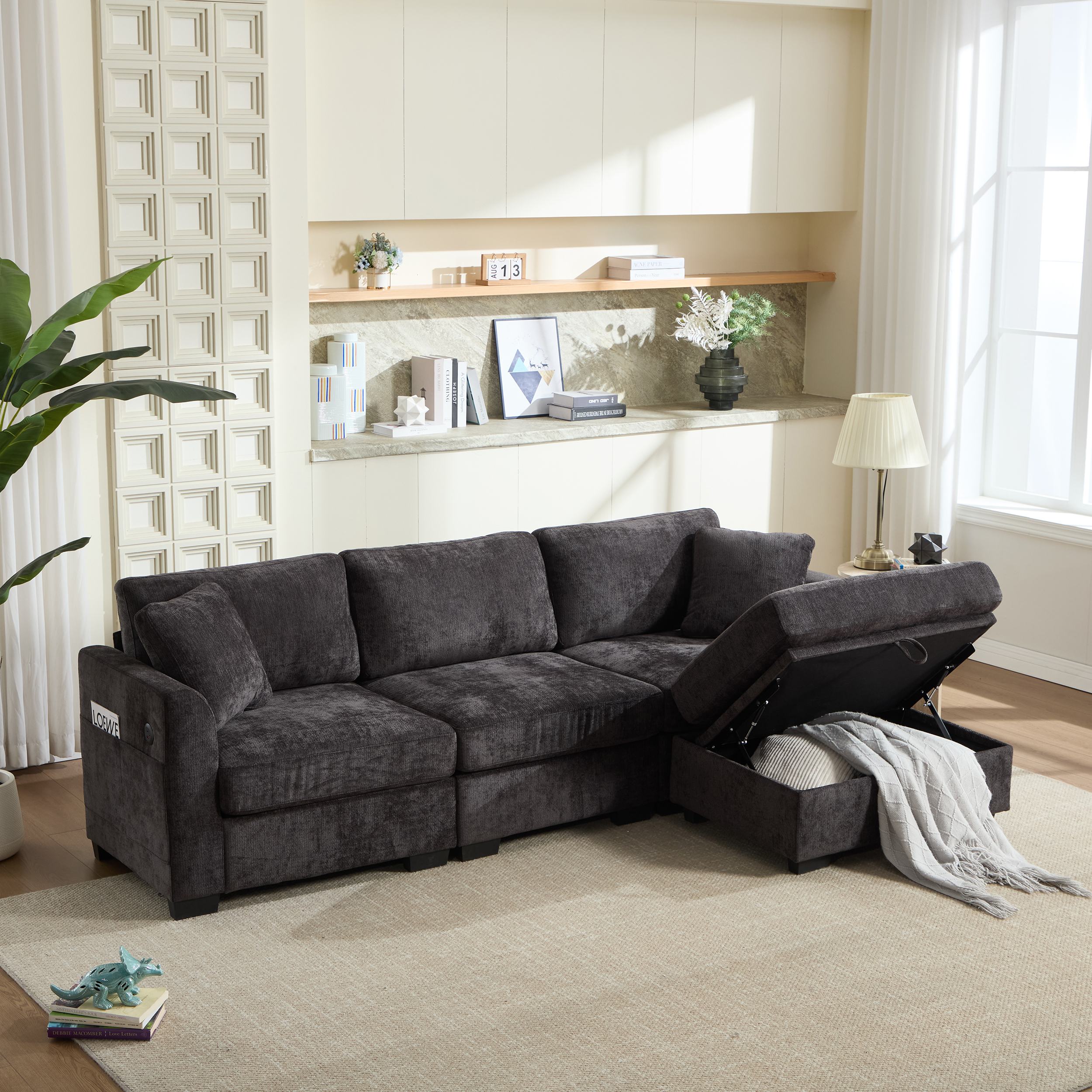 Sofa rangement USB poche ottoman noir 4 places