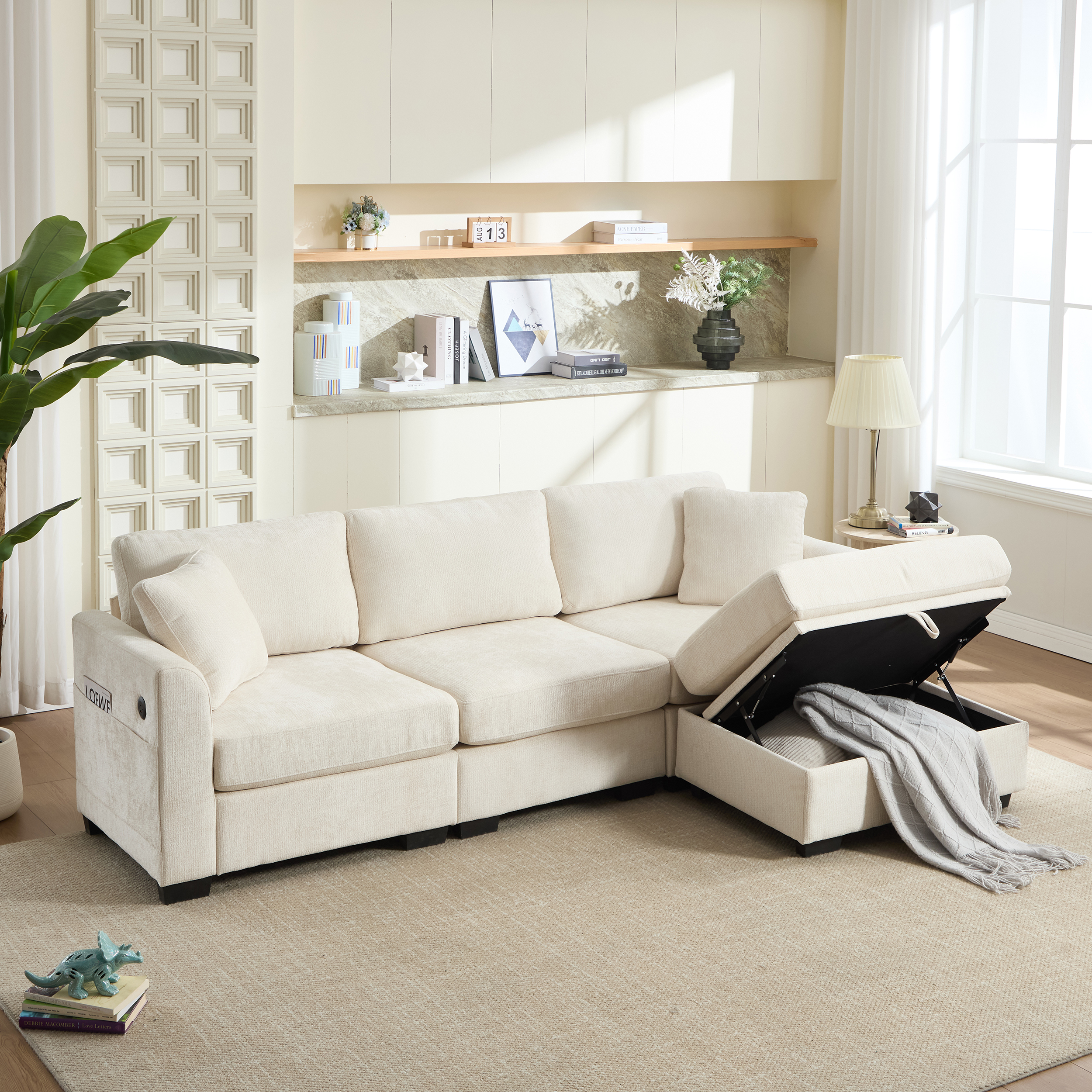 Sofa rangement USB poche ottoman beige 4 places
