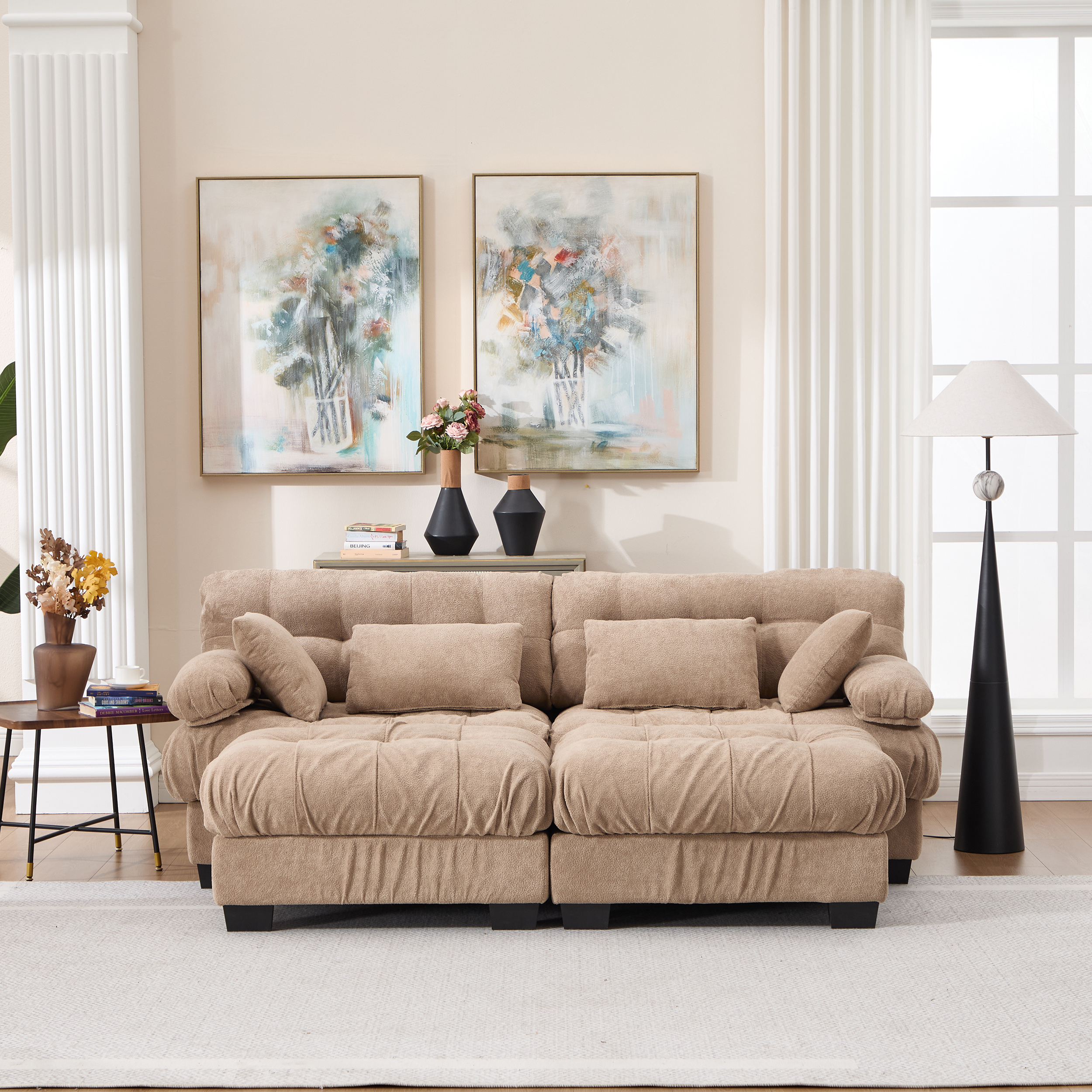 Canapé U modulaire nuage, ottoman, flanelle, 4 places