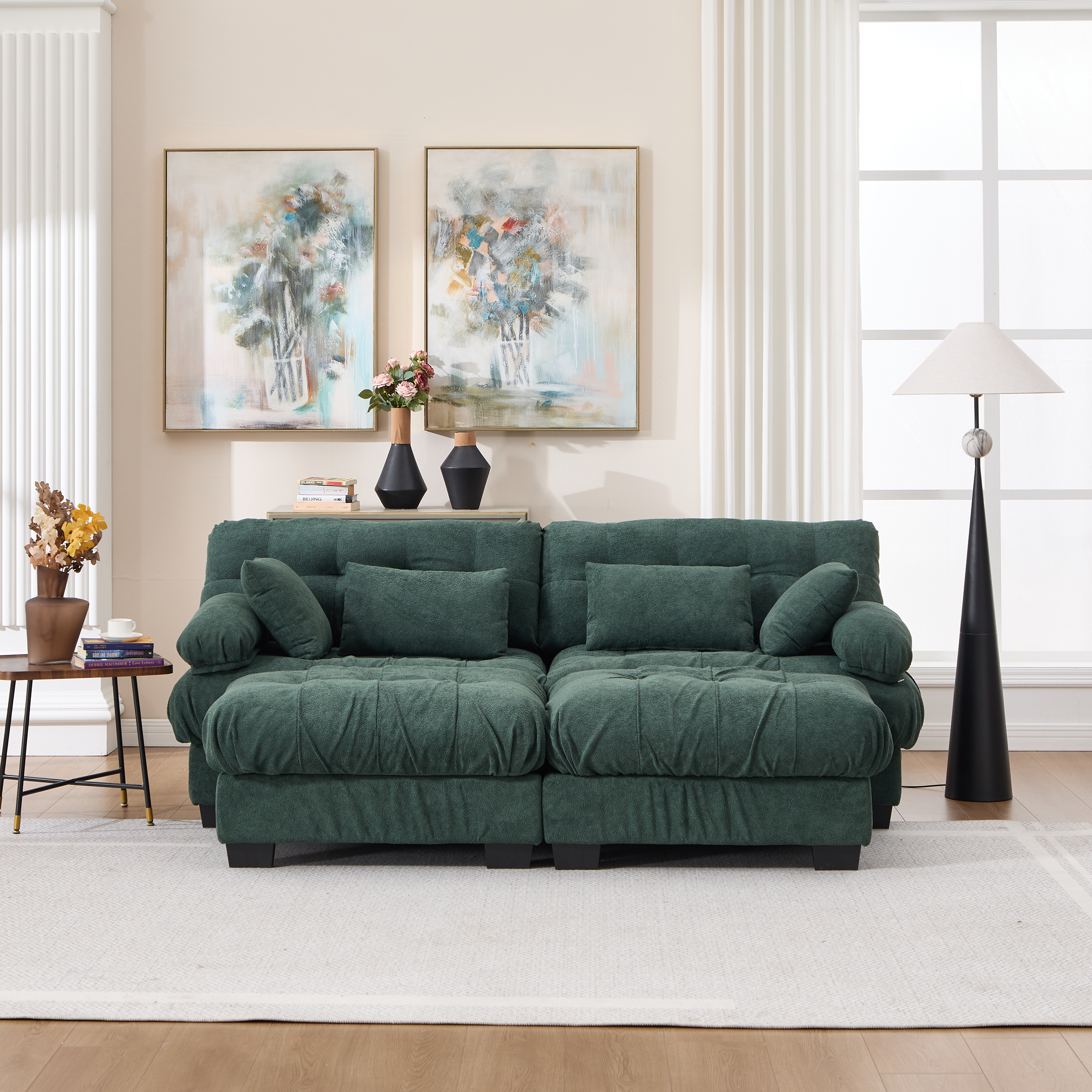 Sectionnelle nuage en flanelle, ottoman, accoudoirs ronds