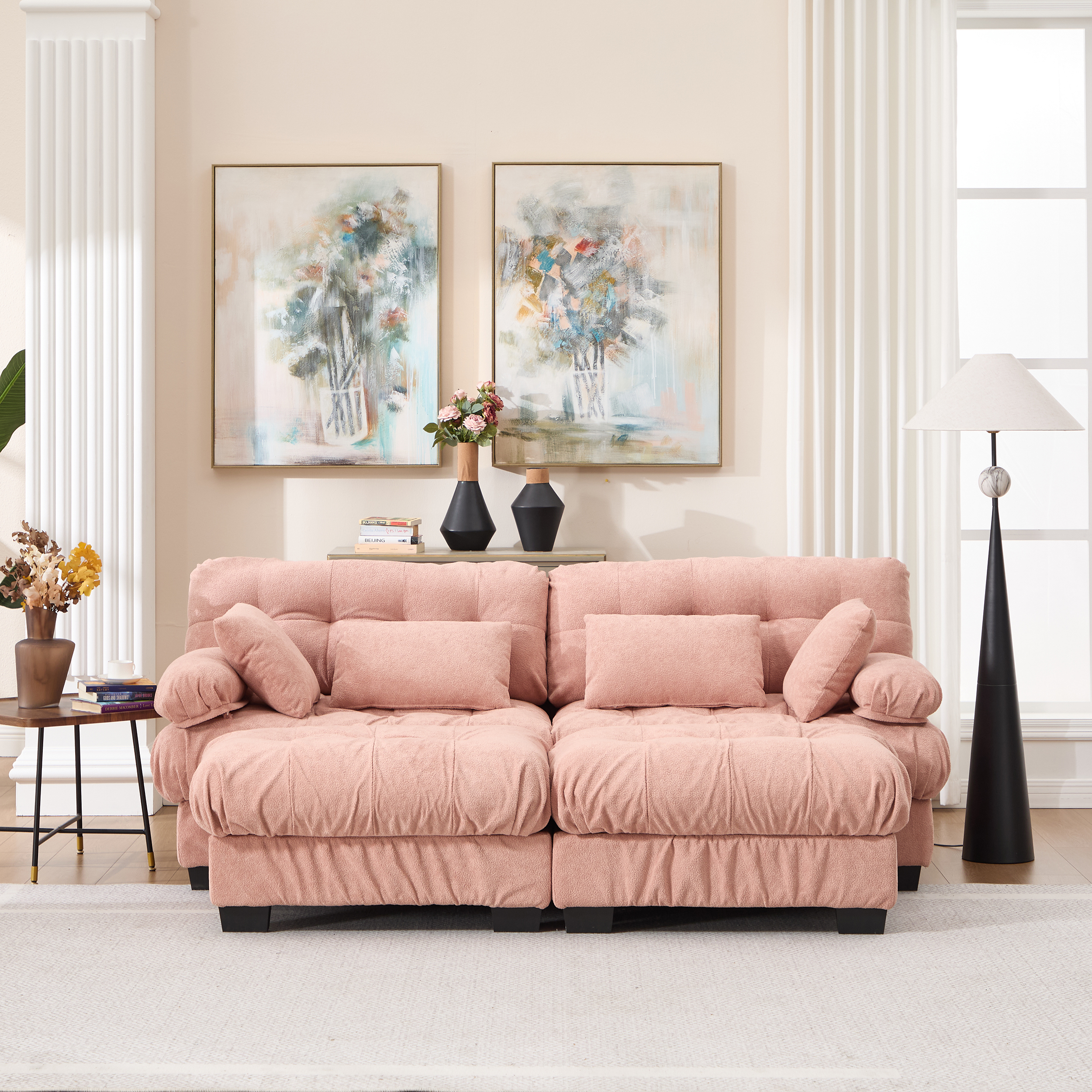 Sectionnelle nuage en flanelle, ottoman, accoudoirs ronds