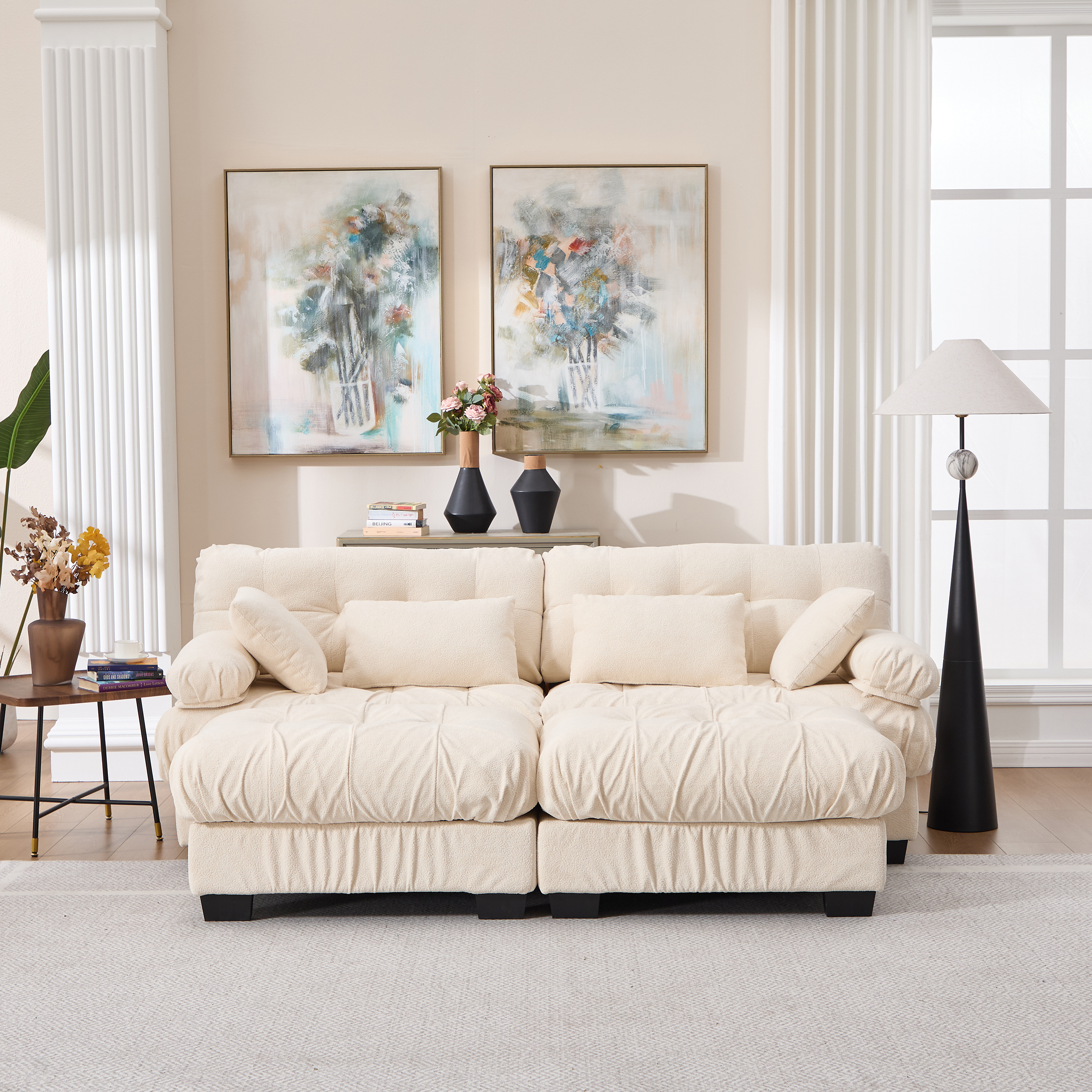 Sectionnelle nuage en flanelle, ottoman, accoudoirs ronds