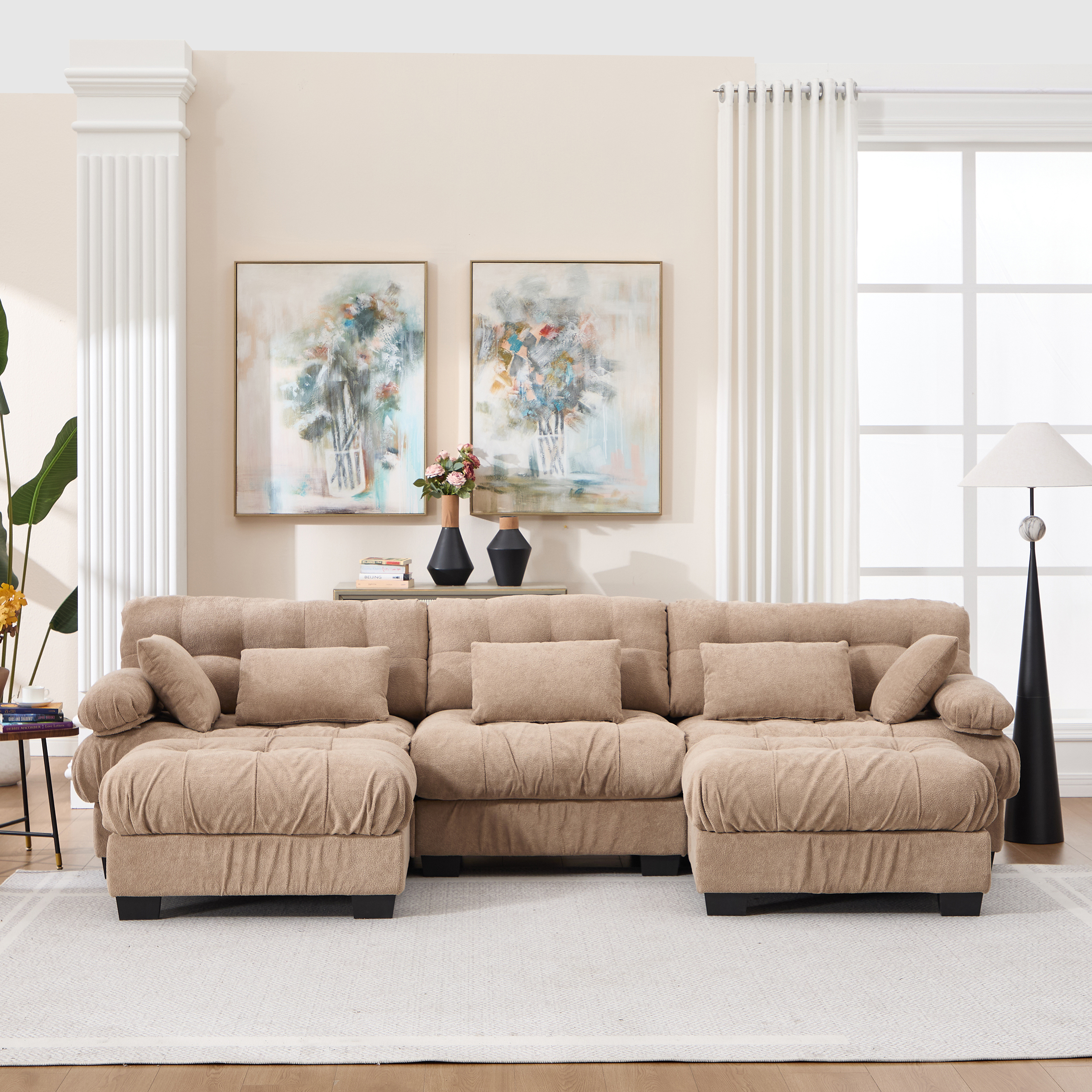 Canapé modulaire U gris, 3 places/lit, 5 coussins